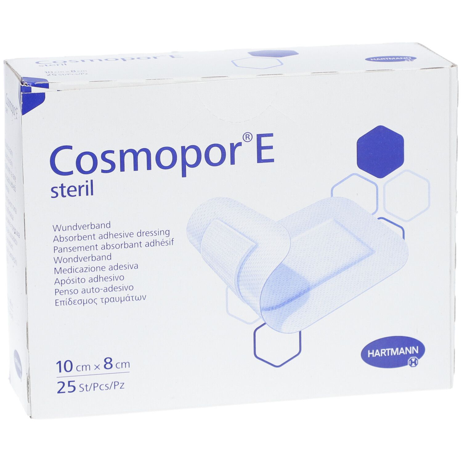 Confezione di medicazioni Cosmopor® E sterili. Dimensioni 10 x 8 cm, 25 pezzi. Logo Hartmann.