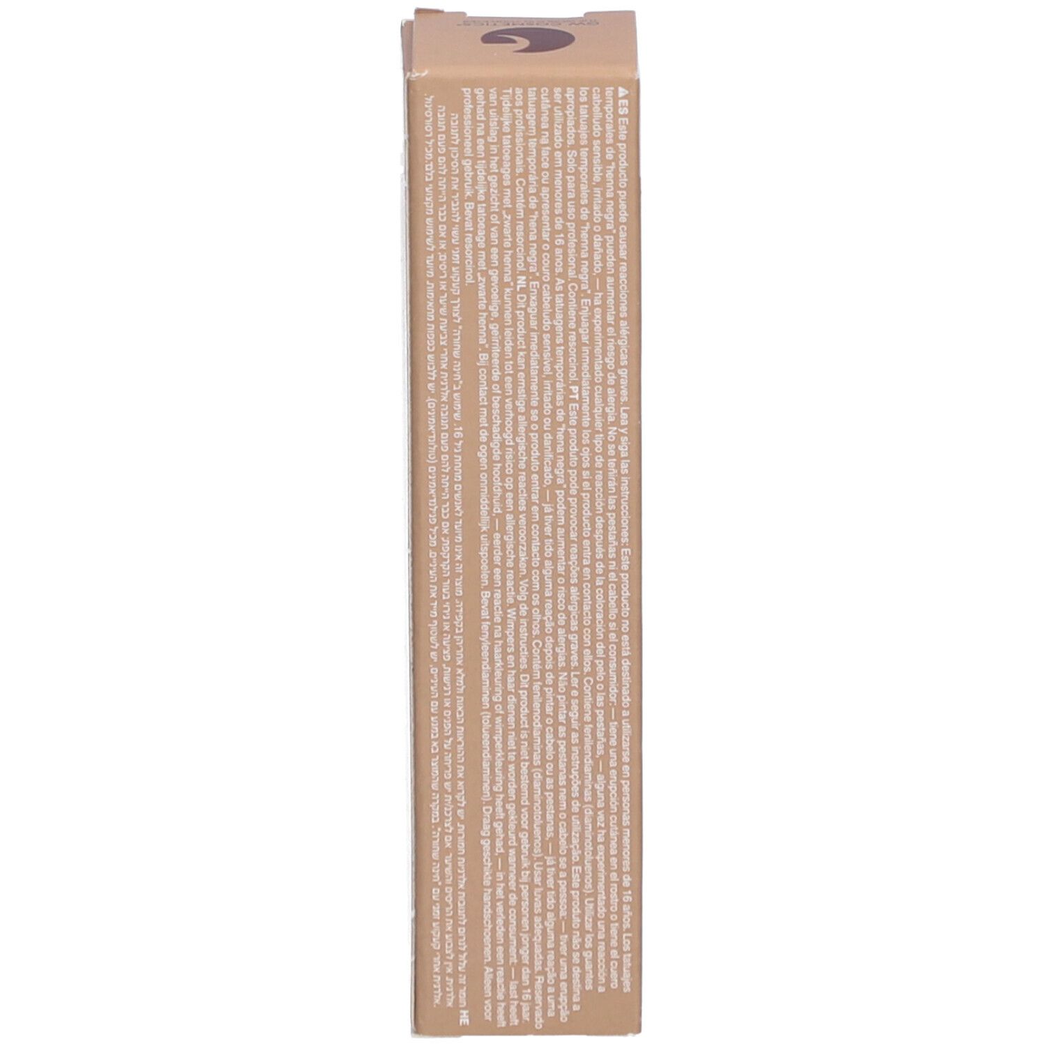 Lato della confezione Refectocil. Testo multilingue. Confezione beige.