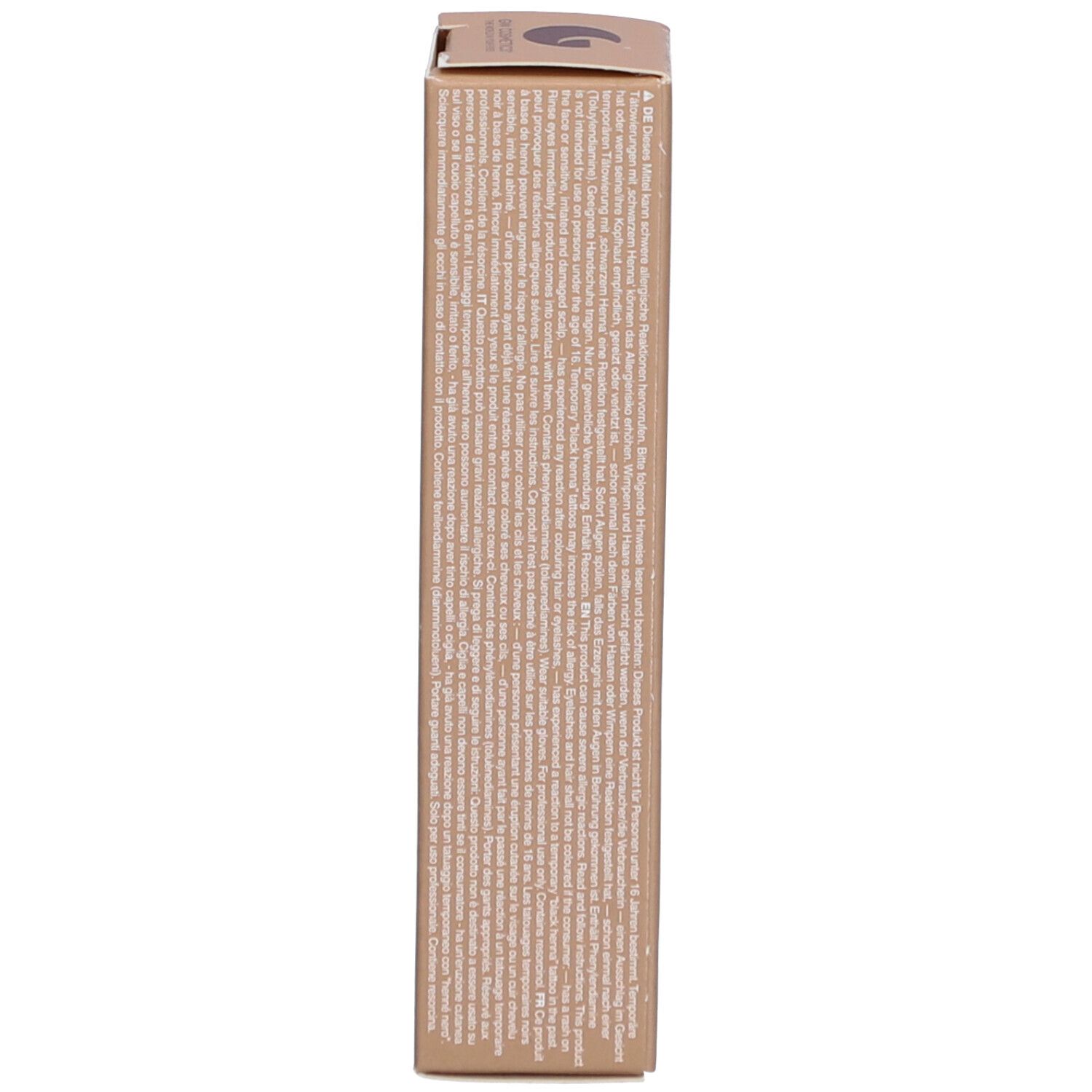 Lato della confezione Refectocil. Testo multilingue. Confezione beige.