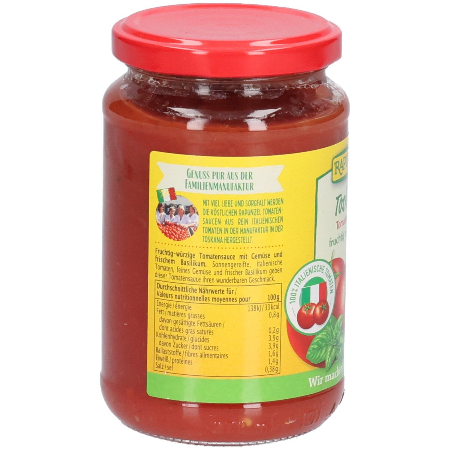 Retro del vasetto di salsa di pomodoro Toskana. Etichetta con informazioni nutrizionali, testo e logo bandiera italiana. Coperchio rosso.