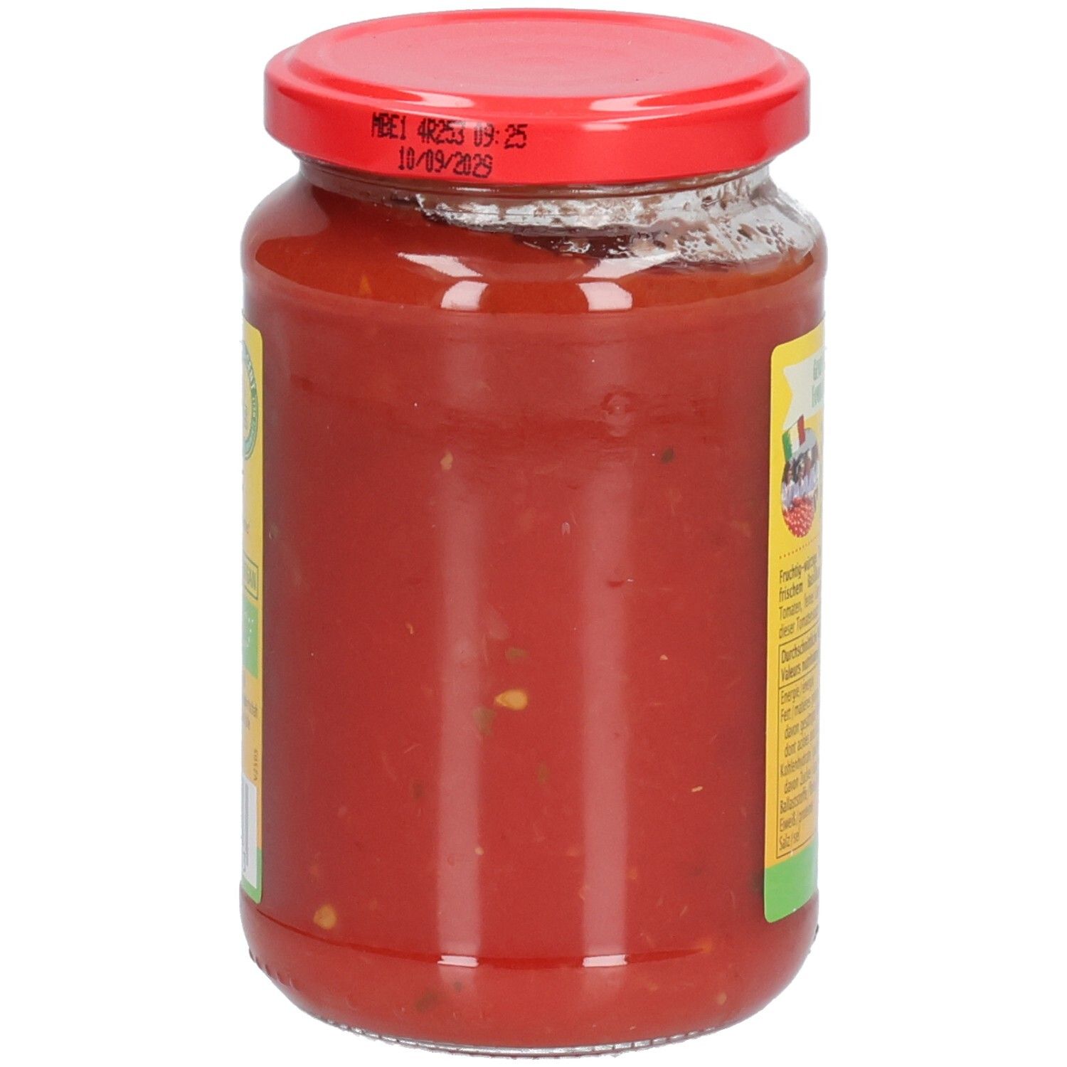 Vasetto di salsa di pomodoro Toskana, vista laterale. Coperchio rosso. Data di scadenza visibile sul coperchio.