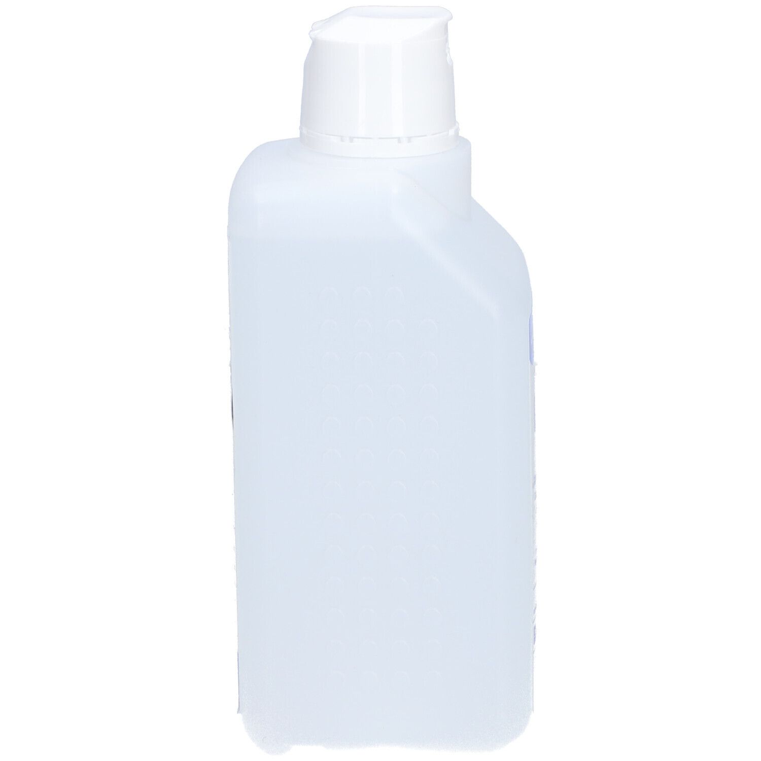 Flacone rettangolare bianco con tappo a vite bianco. Etichetta del prodotto non visibile.