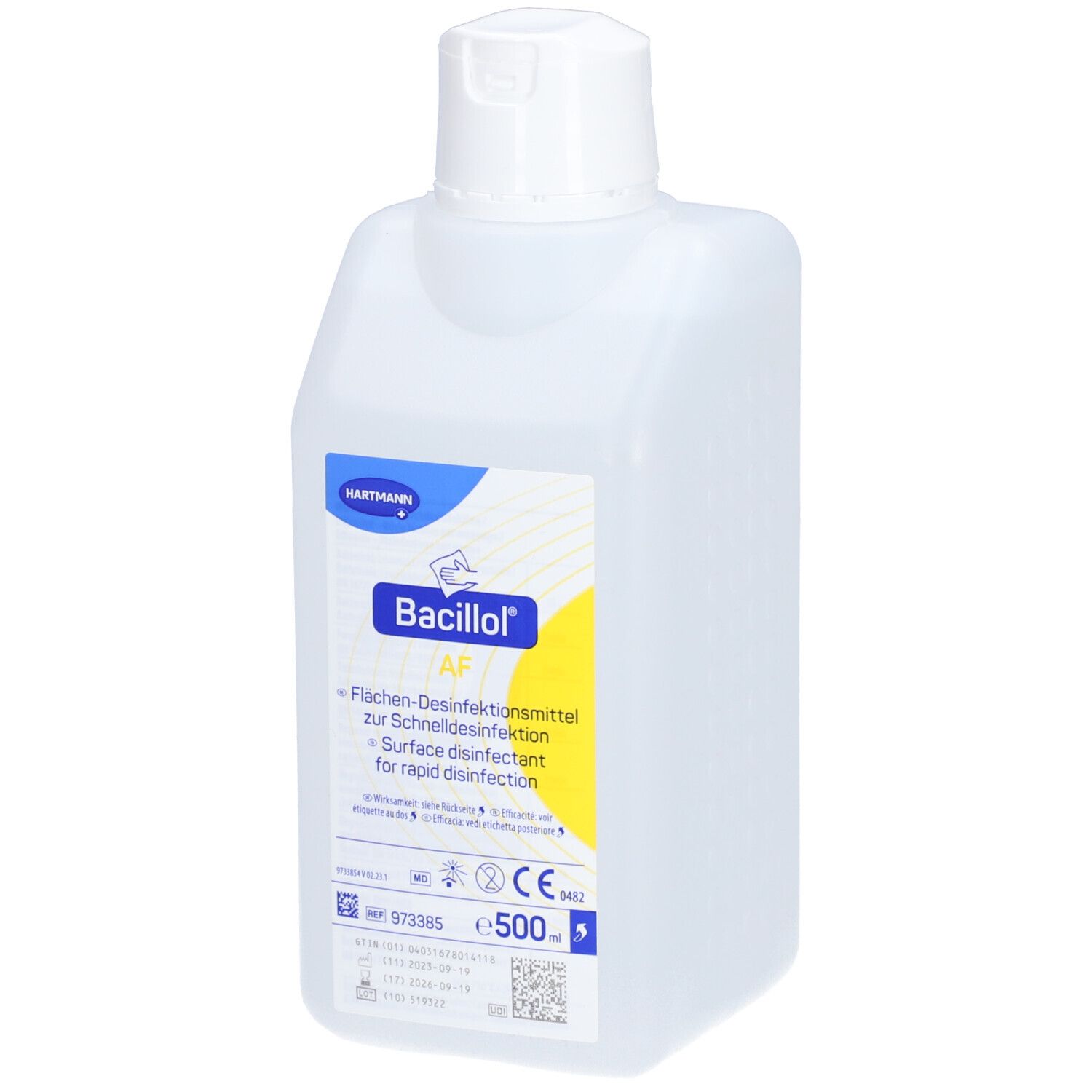 Flacone di BODE Bacillol AF, etichetta bianca, dettagli blu e gialli. Scritto: Disinfezione delle superfici. 500 ml.