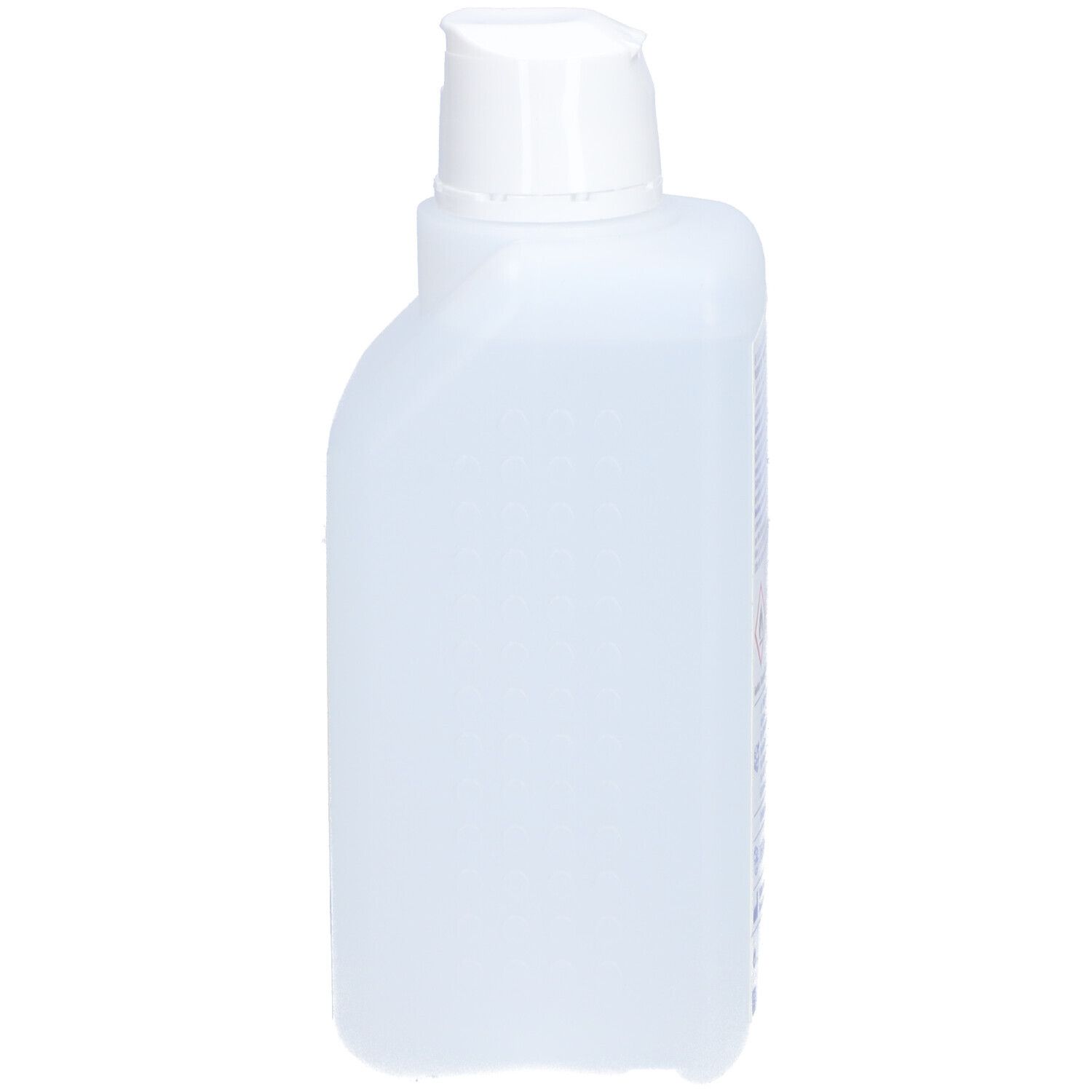 Flacone rettangolare bianco con tappo a vite bianco. Etichetta del prodotto non visibile.