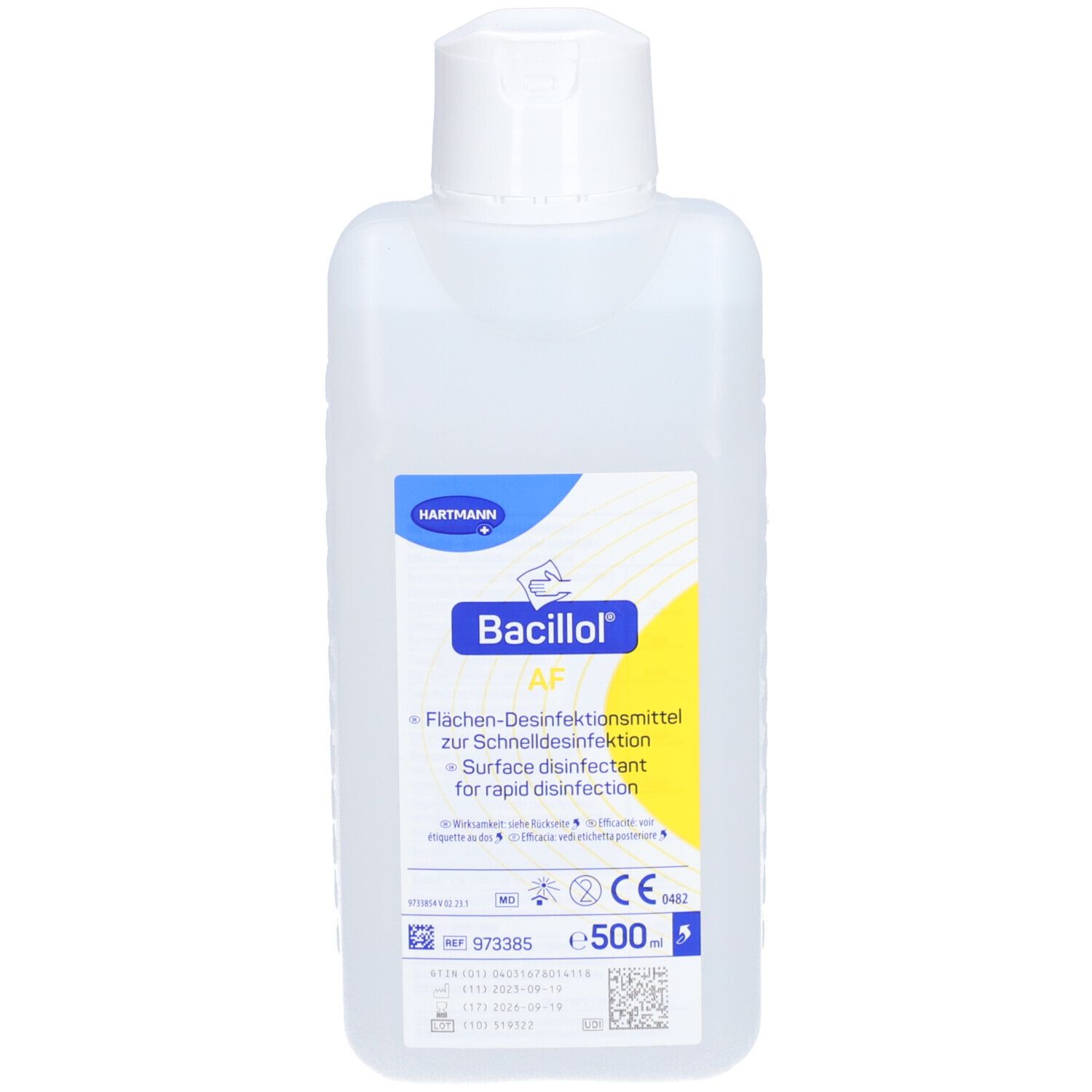 Flacone di BODE Bacillol AF, etichetta bianca, dettagli blu e gialli. Scritto: Disinfezione delle superfici. 500 ml.