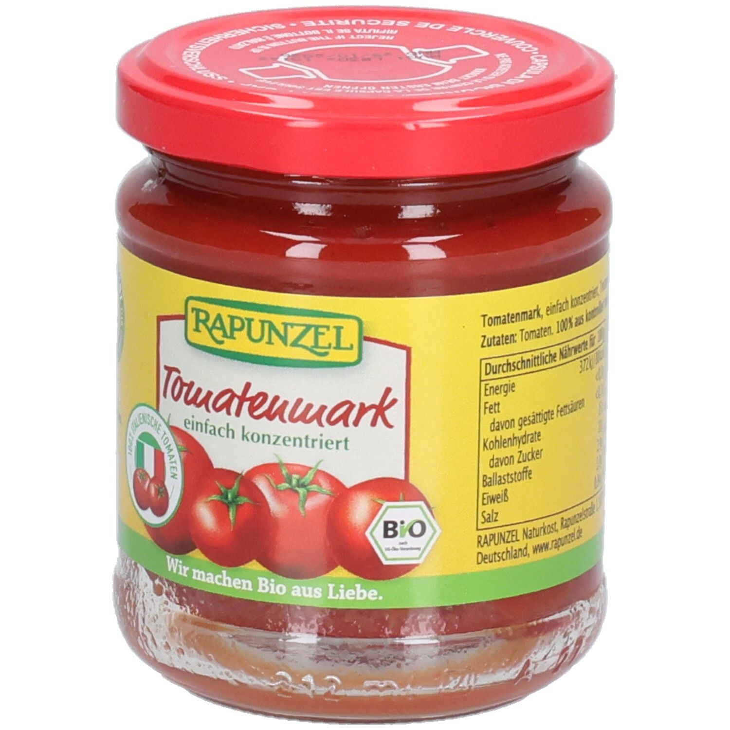 Vasetto di concentrato di pomodoro, coperchio rosso. Etichetta con nome prodotto, pomodori, marchio bio e valori nutrizionali.