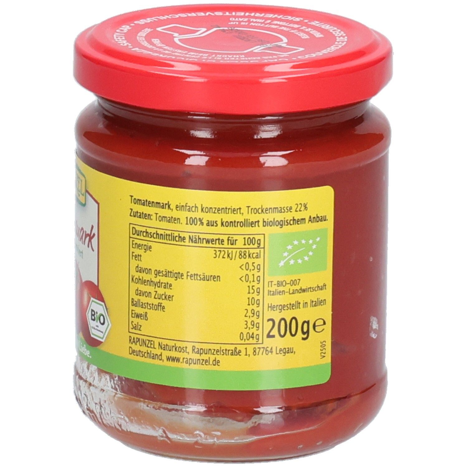 Retro del vasetto di concentrato di pomodoro. Etichetta con valori nutrizionali, marchio bio, bandiera italiana e peso 200g.