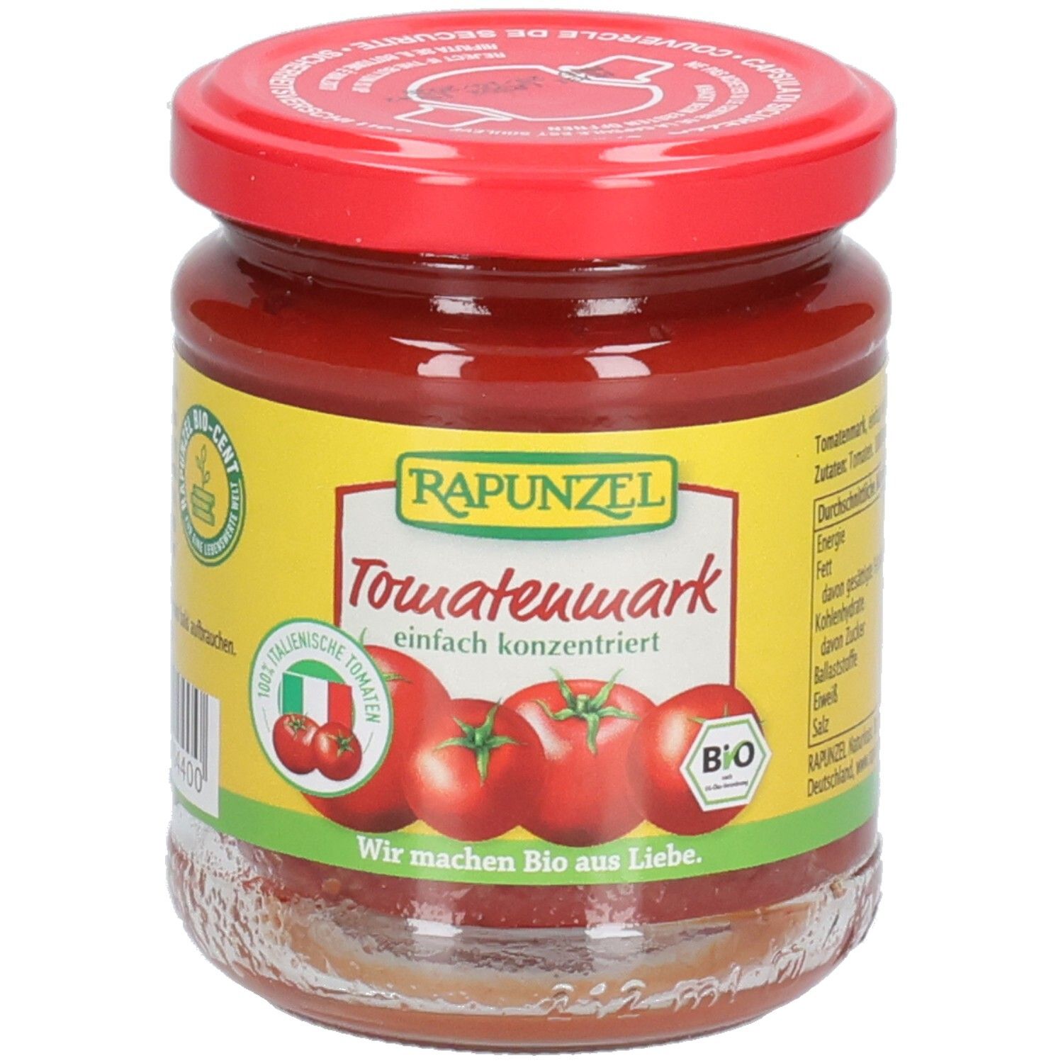 Vasetto di concentrato di pomodoro, coperchio rosso. Etichetta con nome prodotto, pomodori, marchio bio e bandiera italiana.