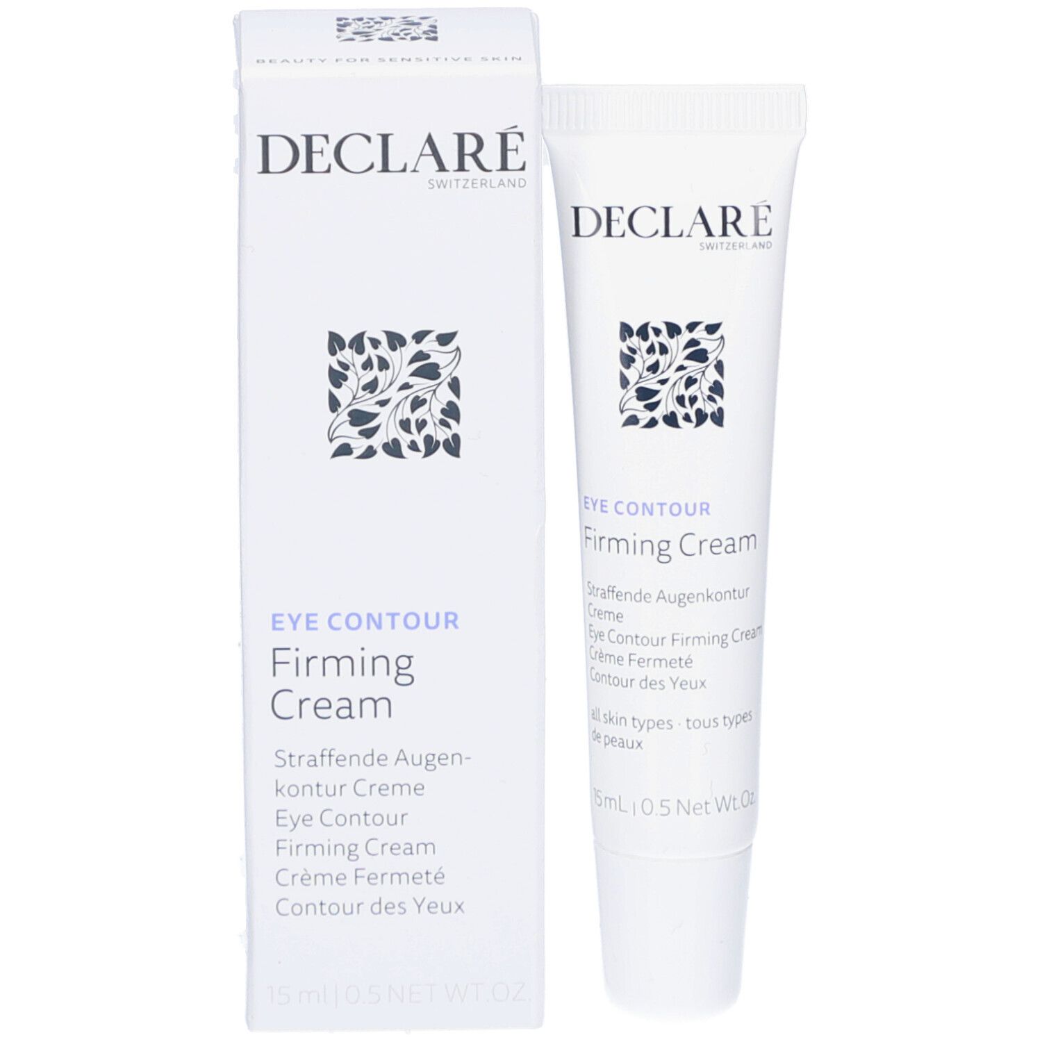 Confezione e tubo. Confezione: bianca, logo DECLARE, Eye Contour Firming Cream. Tubo: bianco, 15ml.