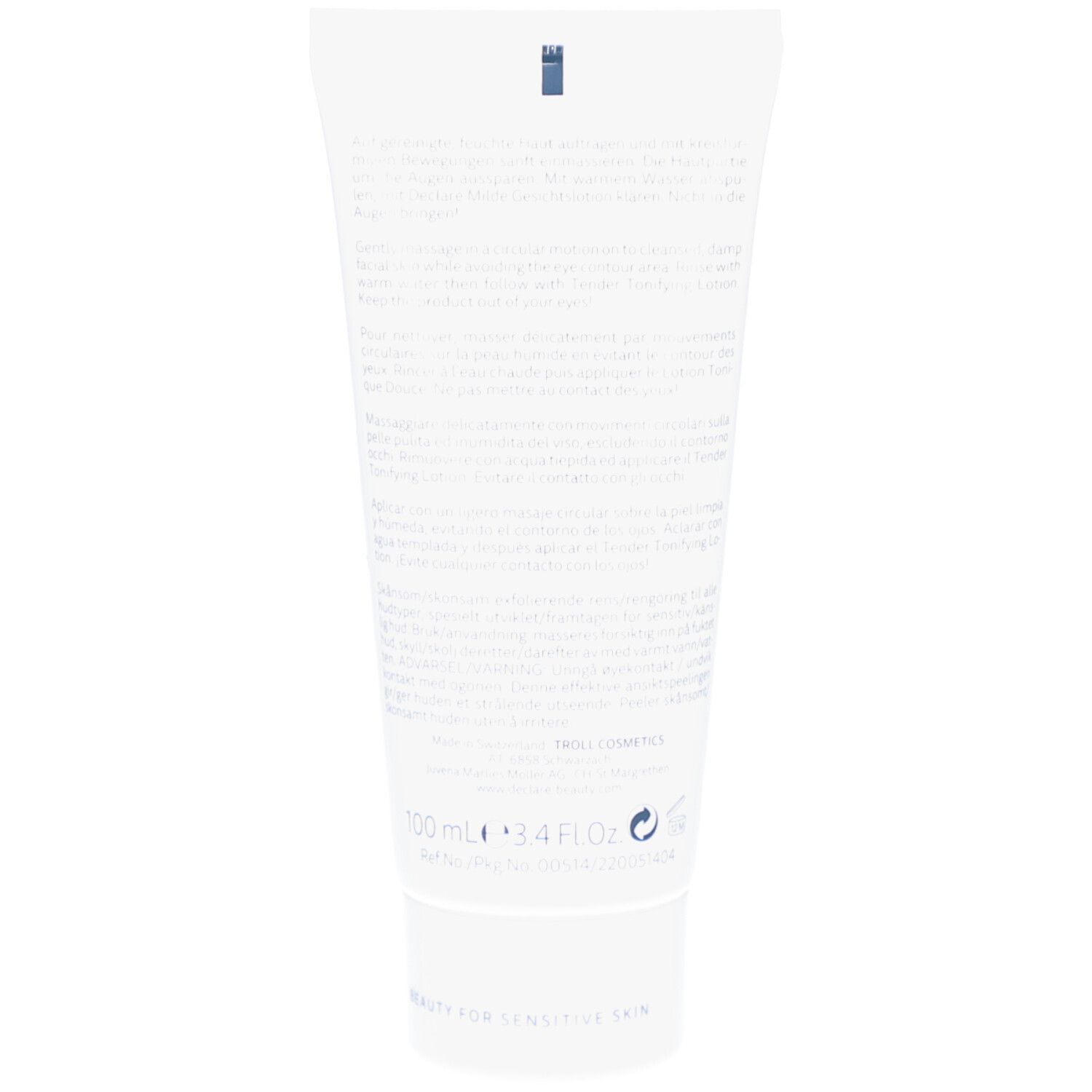 Retro di un tubo bianco. Testo in più lingue. 100 ml.