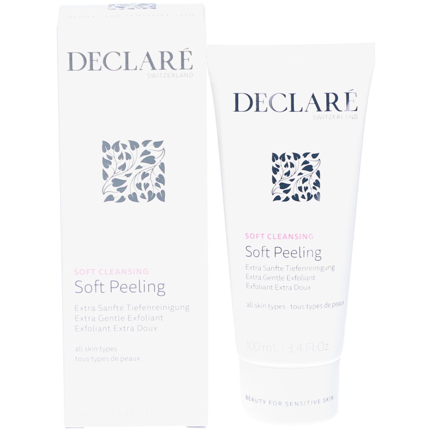 Confezione bianca con tubo. Scritta: DECLARÉ, Soft Cleansing Soft Peeling. 100 ml.