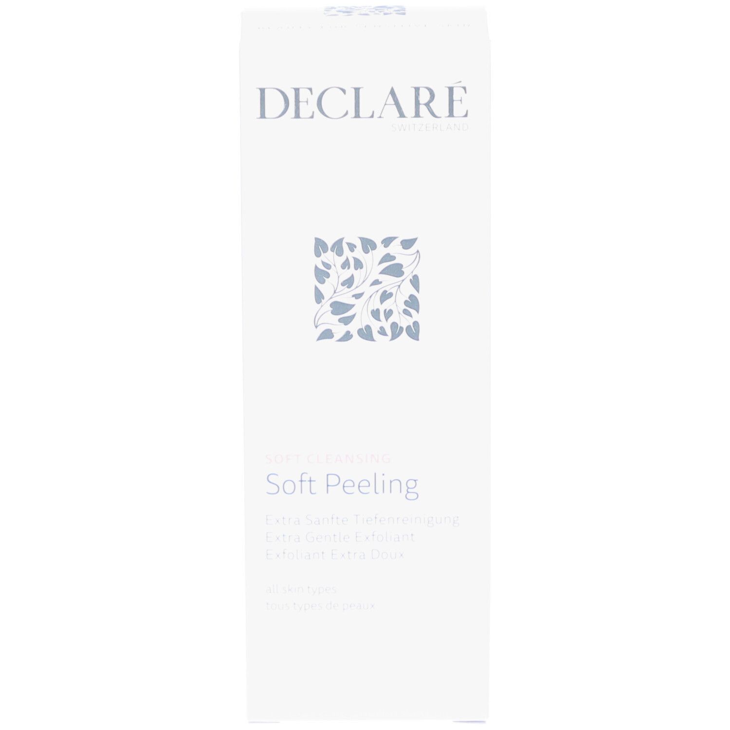 Confezione bianca. Scritta: DECLARÉ, Soft Cleansing Soft Peeling. Testo in più lingue.