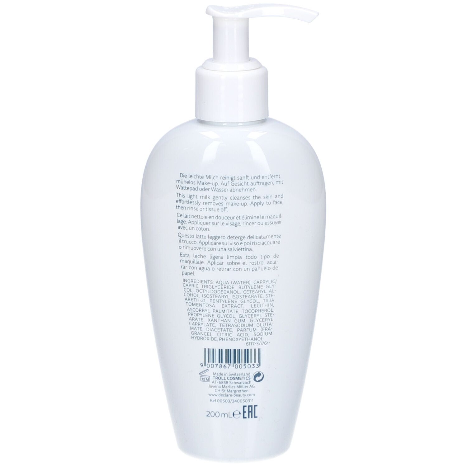 Retro del flacone bianco. Testo multilingue. 200ml. Codice a barre e informazioni produttore.