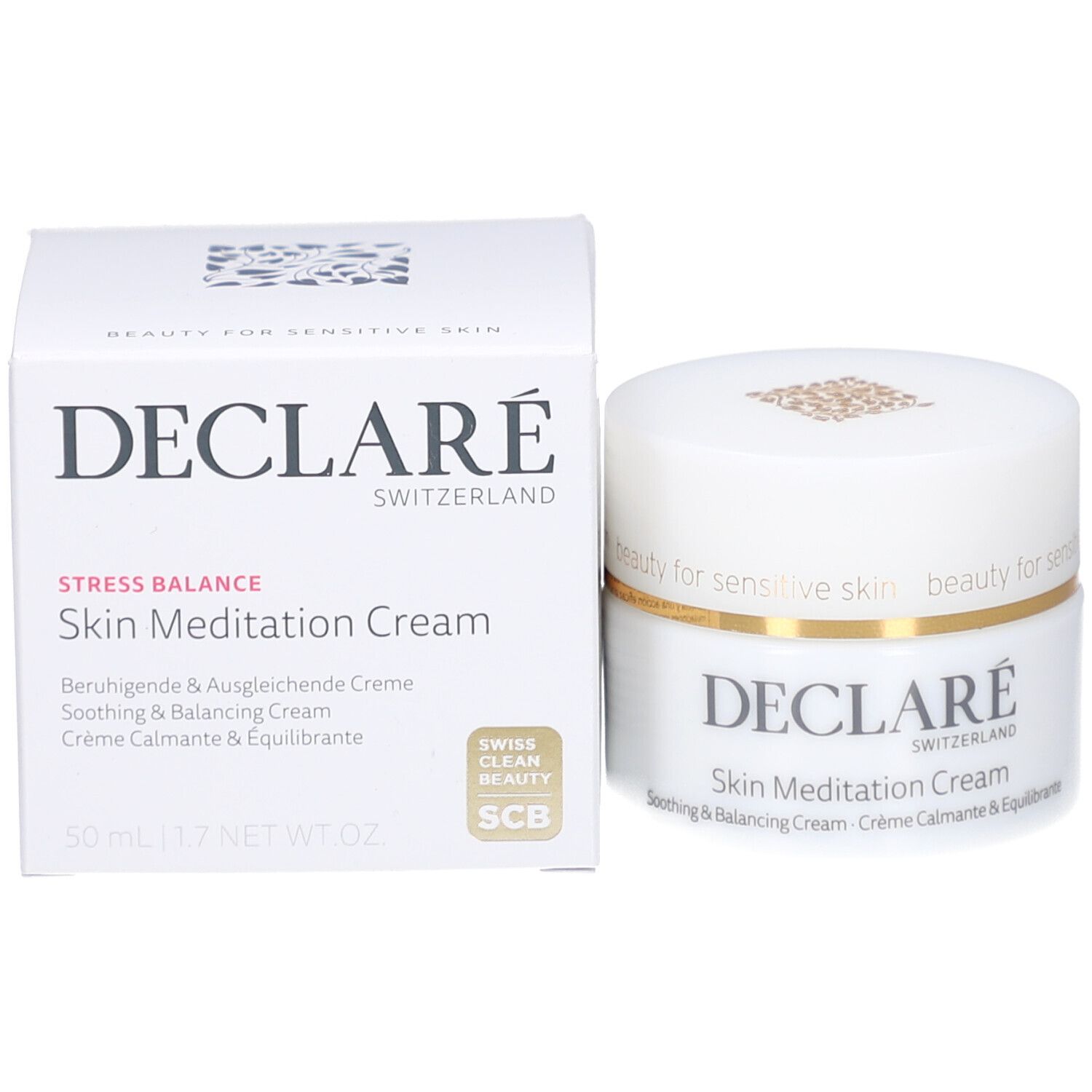 Vasetto di crema e confezione. Scritta: DECLARÉ SWITZERLAND, Skin Meditation Cream. Swiss Clean Beauty.