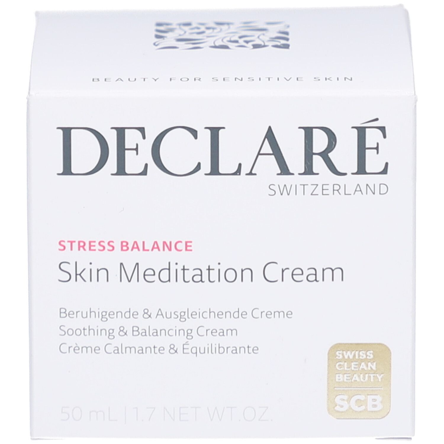 Confezione. Scritta: DECLARÉ SWITZERLAND, Skin Meditation Cream. Swiss Clean Beauty.
