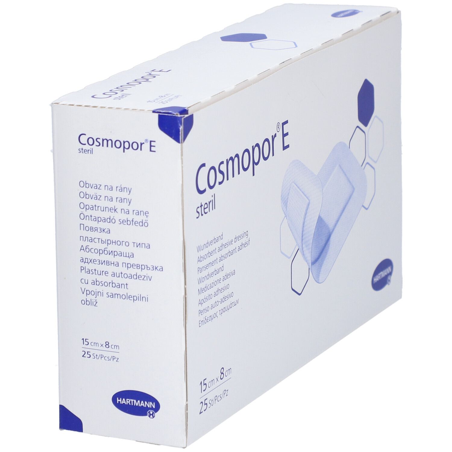 Confezione di medicazioni Cosmopor® E sterili in diagonale. Informazioni sul prodotto e logo Hartmann visibili.