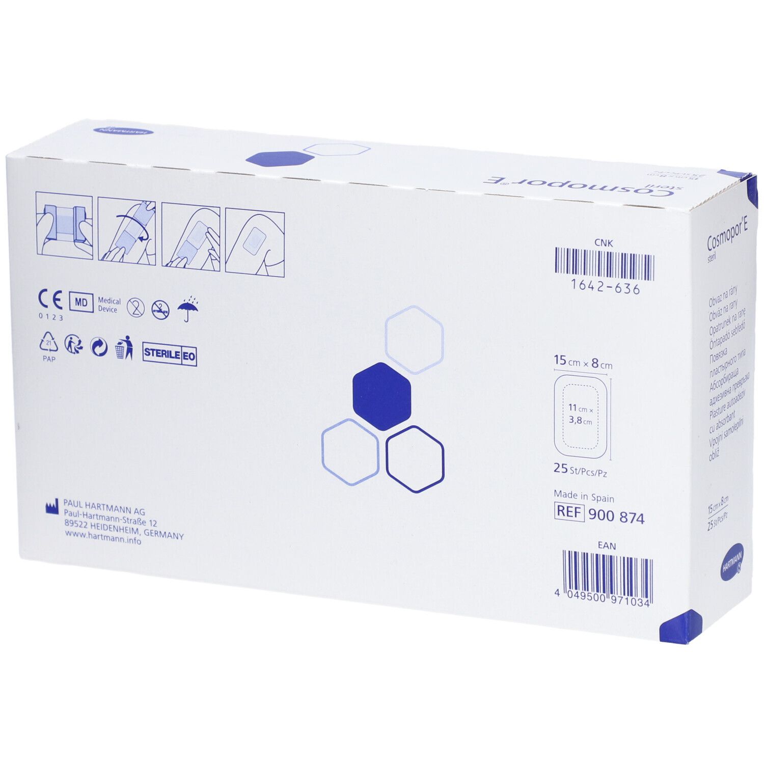 Retro della confezione di medicazioni Cosmopor® E sterili. Contiene informazioni, numero di lotto e dettagli del produttore.