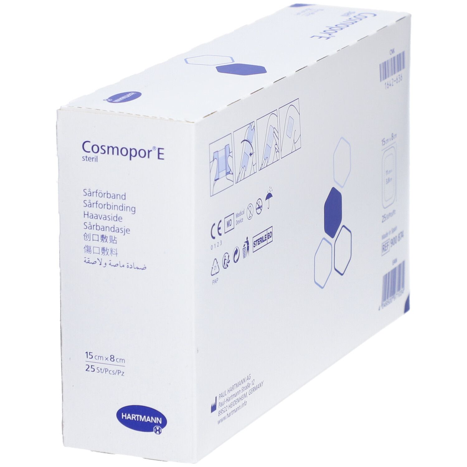 Confezione di medicazioni Cosmopor® E sterili in diagonale. Informazioni sul prodotto e logo Hartmann visibili.