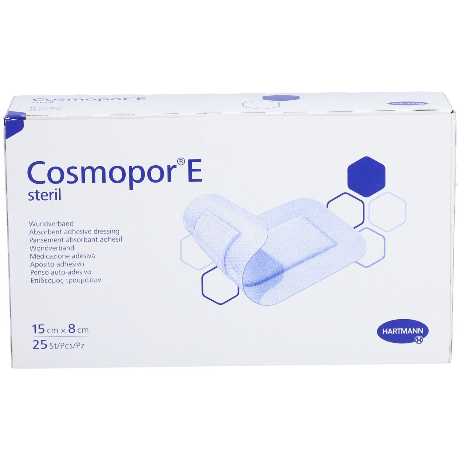 Confezione di medicazioni Cosmopor® E sterili. Mostra un cerotto aperto e informazioni. Dimensione: 15 x 8 cm, 25 pezzi.