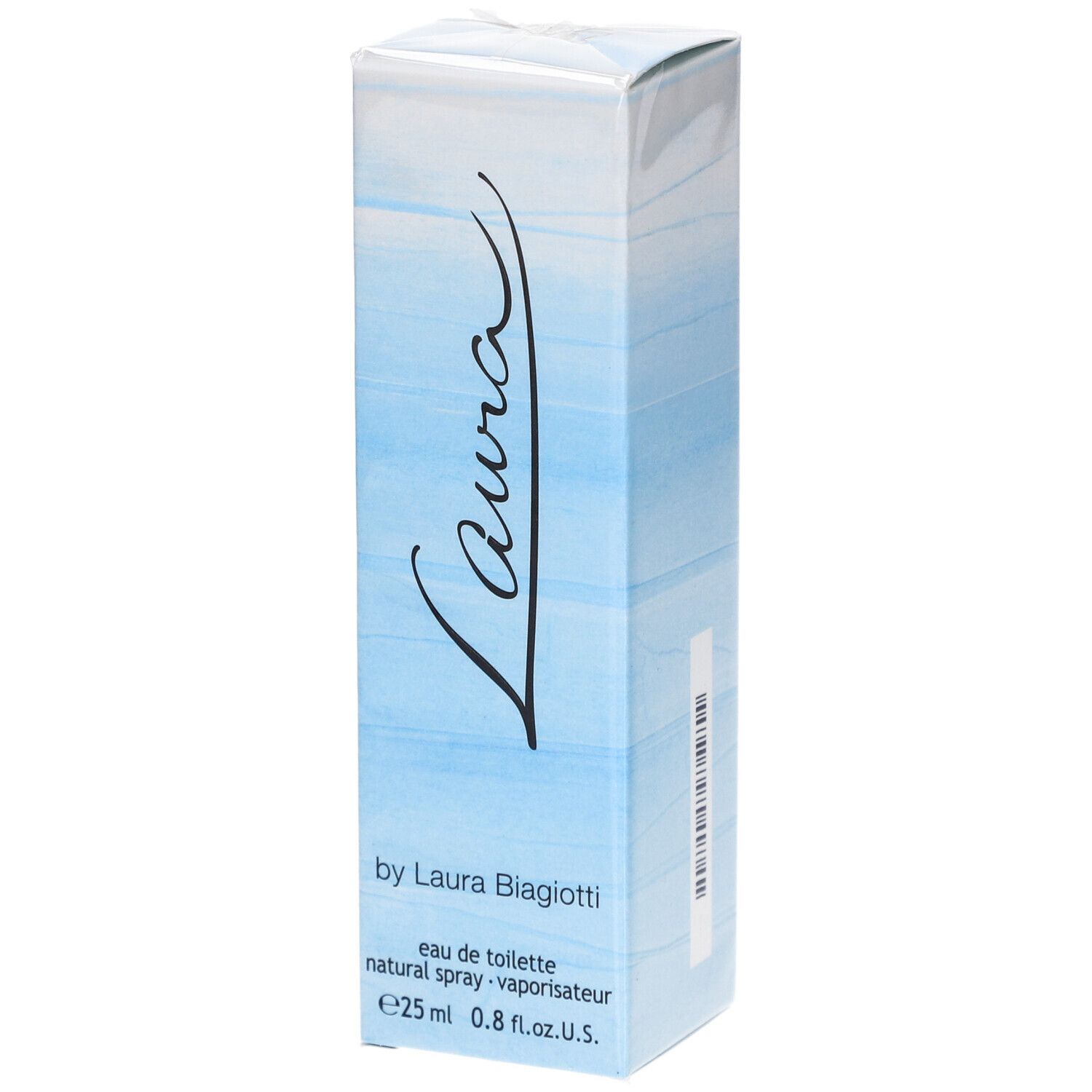 Scatola azzurra con scritta "Laura". Visibili "Eau de toilette" e "25 ml".