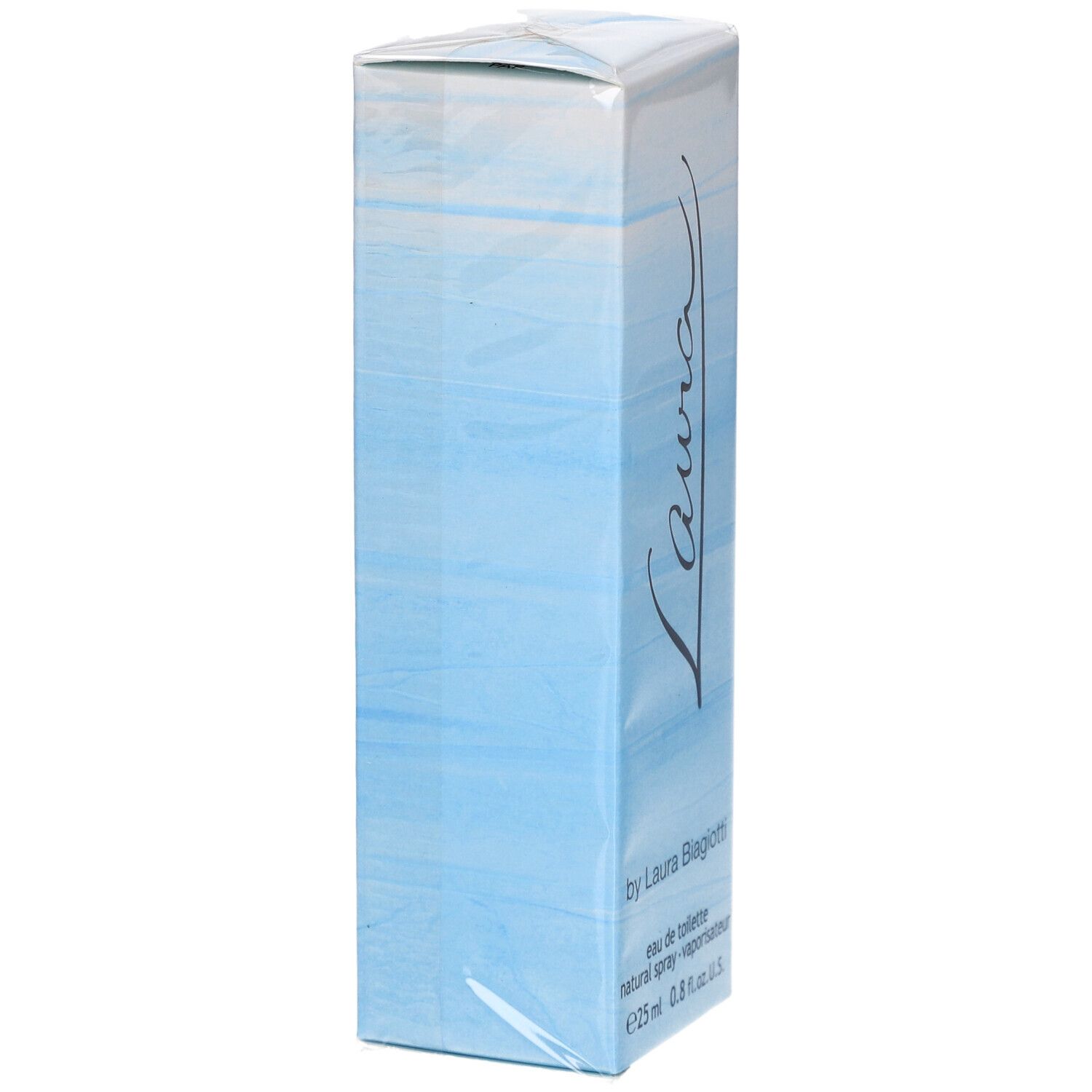 Scatola stretta azzurra con scritta "Laura". Visibili "Eau de toilette" e "25 ml".