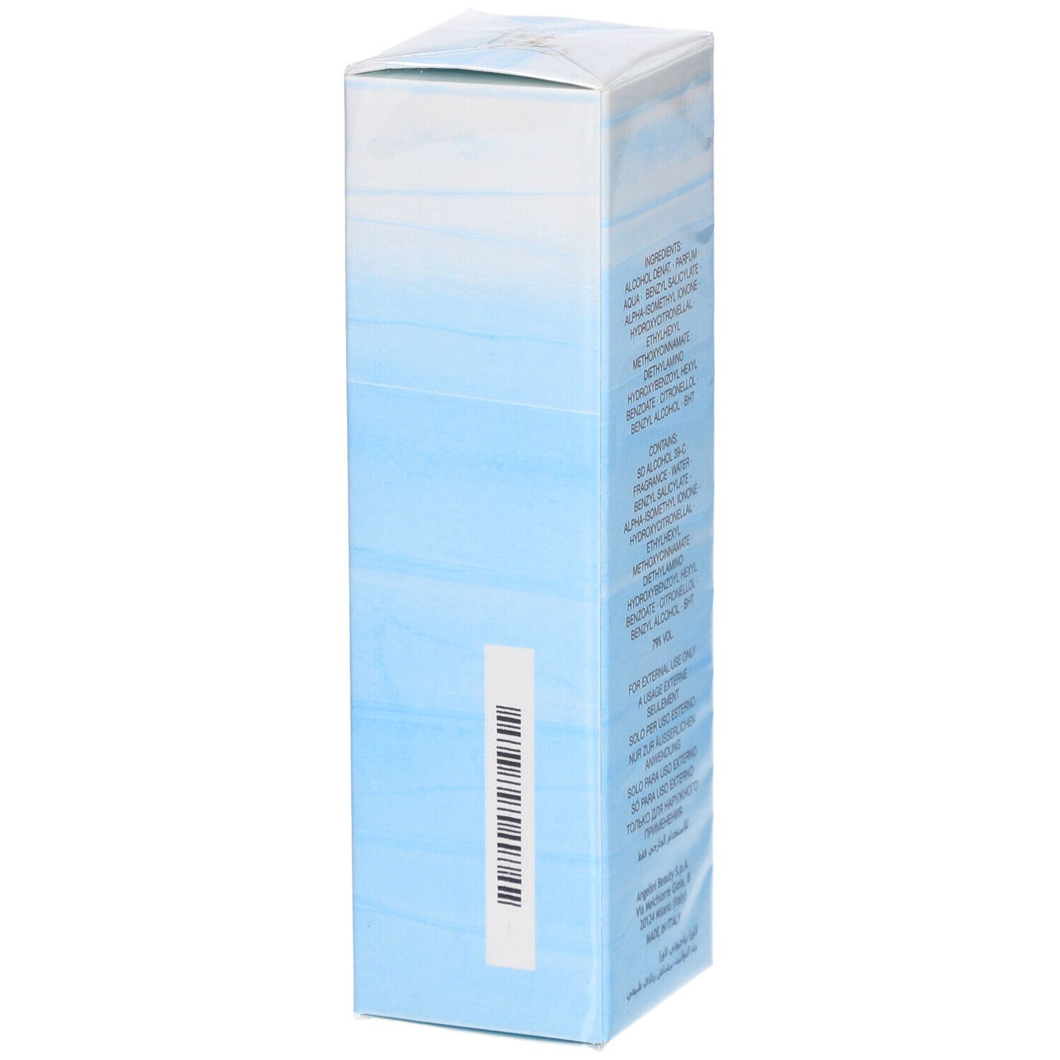 Retro scatola azzurra con ingredienti e testo. Codice a barre visibile.