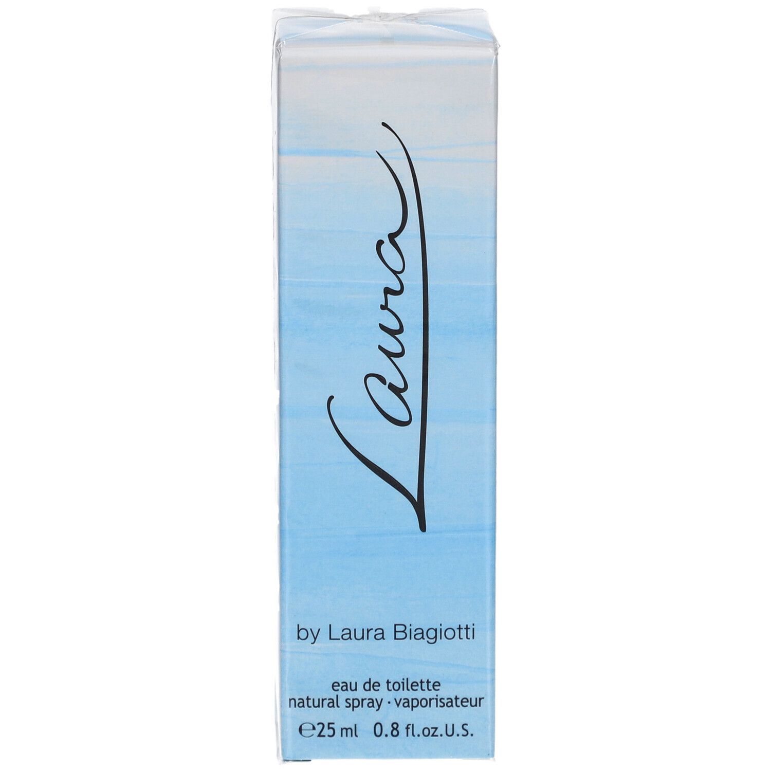 Scatola azzurra con scritta "Laura". Visibili "Eau de toilette" e "25 ml".