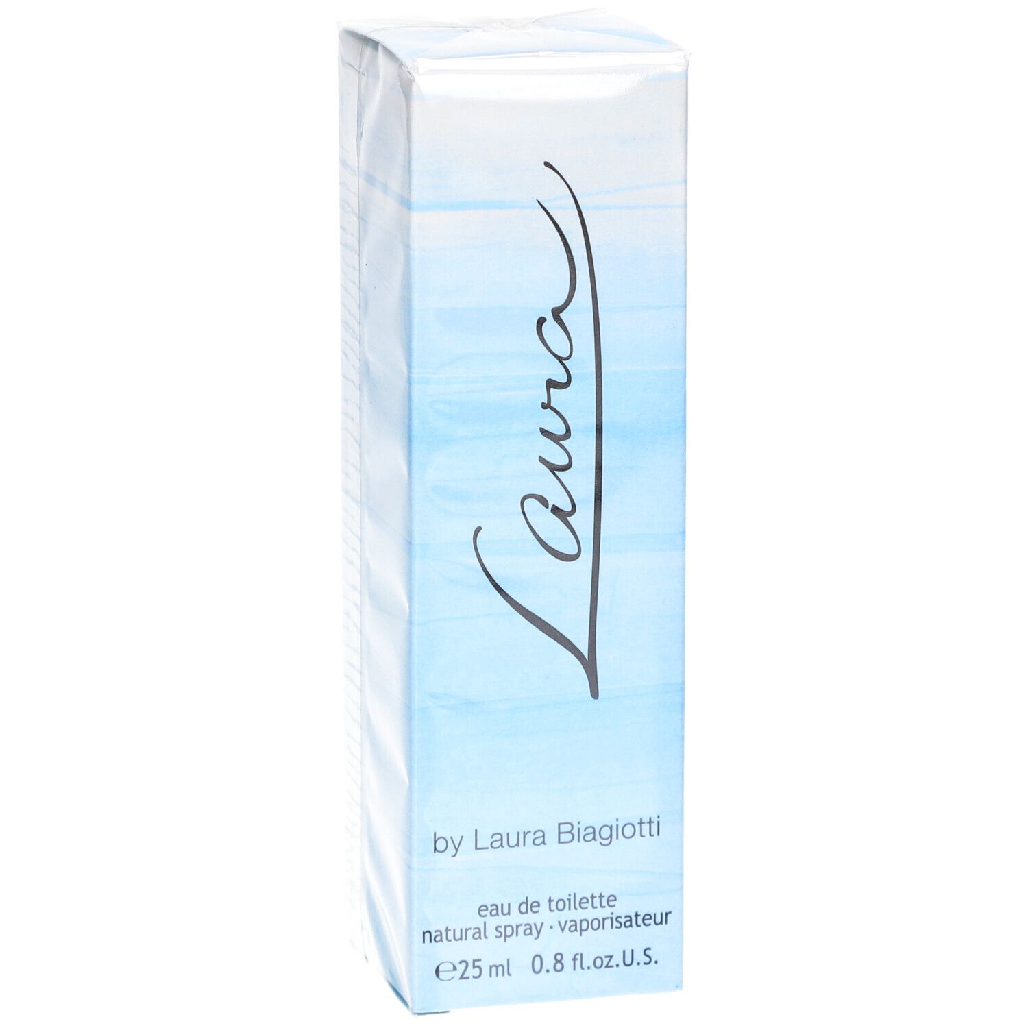 Scatola azzurra con scritta "Laura". Visibili "Eau de toilette" e "25 ml".