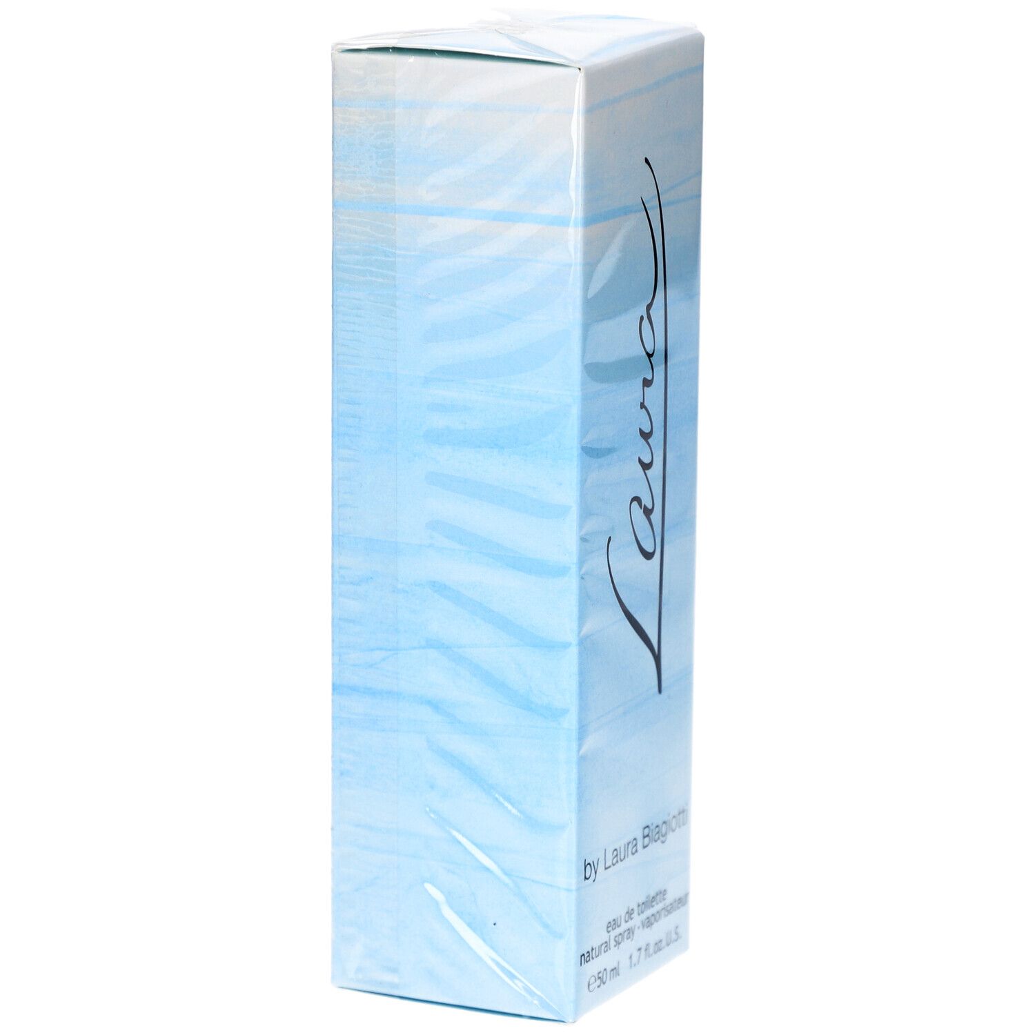 Scatola di Laura Eau de Toilette. Confezione azzurra con scritta 'Laura'.