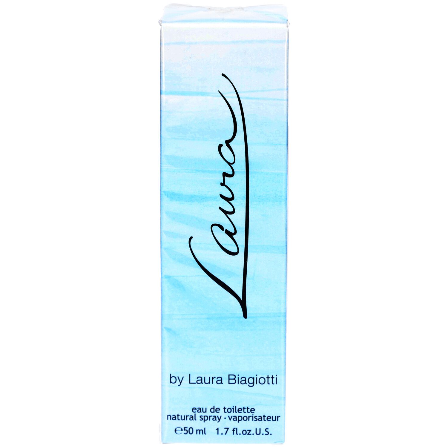 Scatola di Laura Eau de Toilette. Confezione azzurra con scritta 'Laura'.