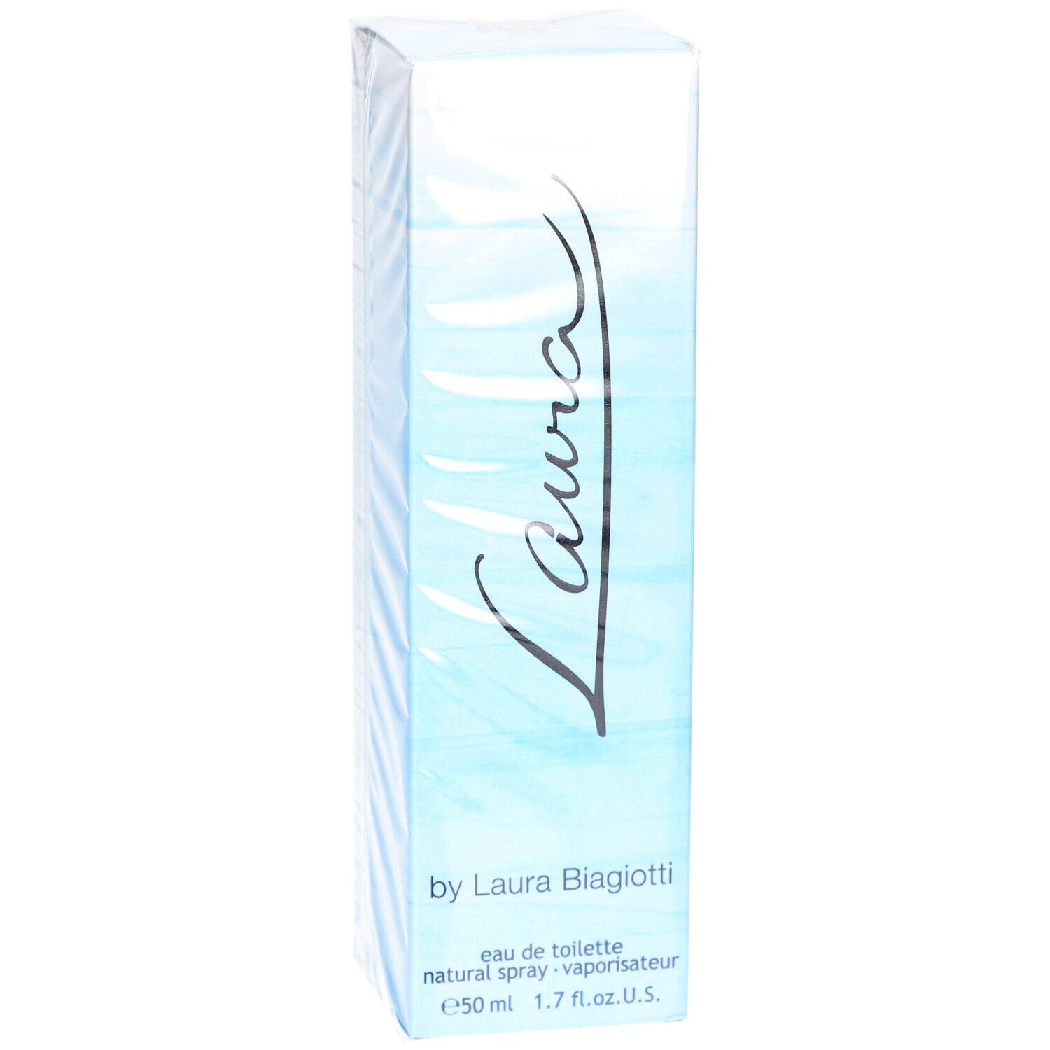 Scatola di Laura Eau de Toilette. Confezione azzurra con scritta 'Laura'.