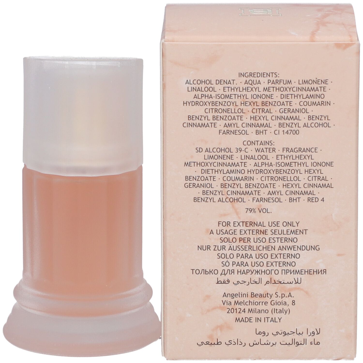 Flacone di profumo e scatola con ingredienti e informazioni. Il flacone riporta «ROMA».