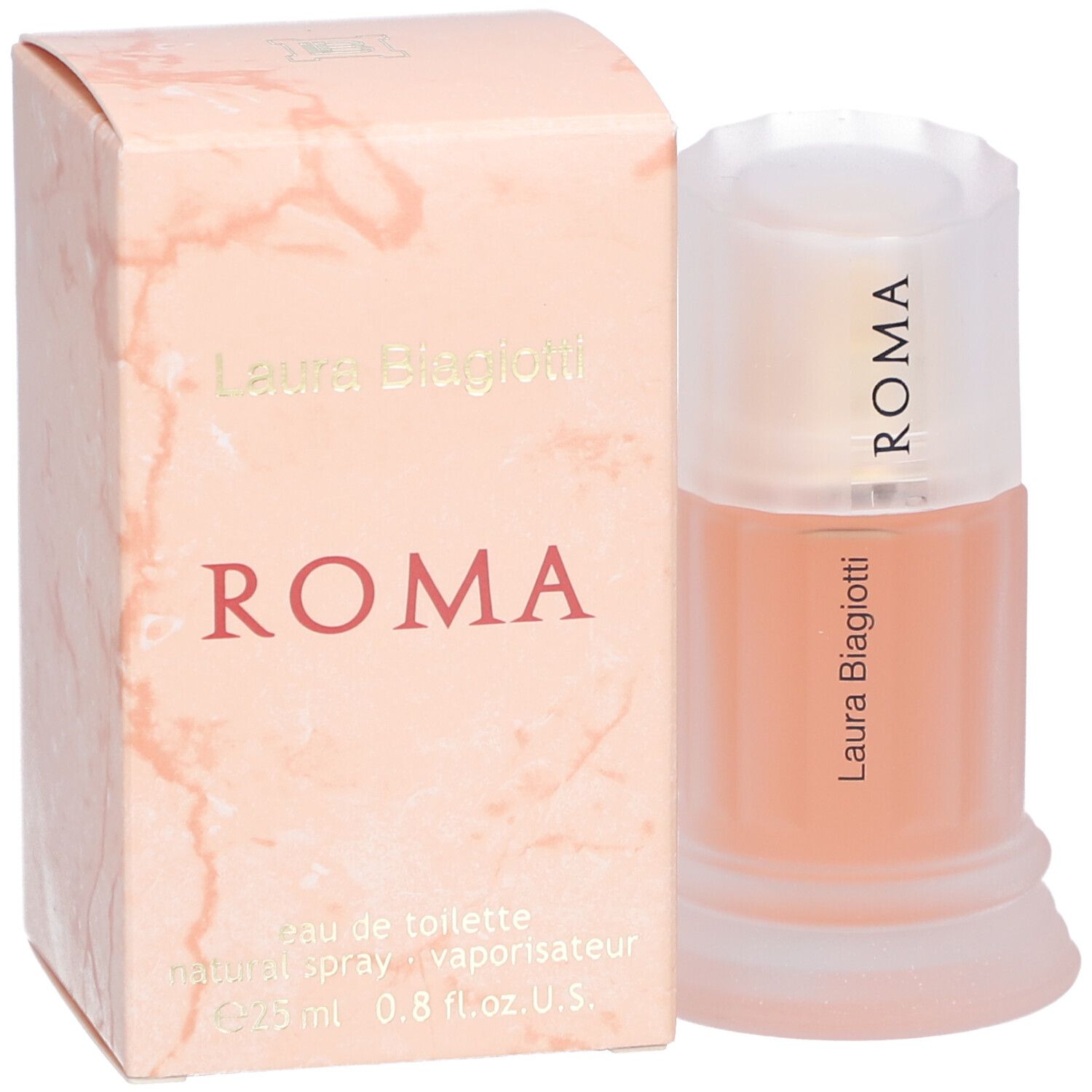 Flacone di profumo e scatola. Il flacone riporta «ROMA». La scatola riporta «Laura Biagiotti» e «ROMA».