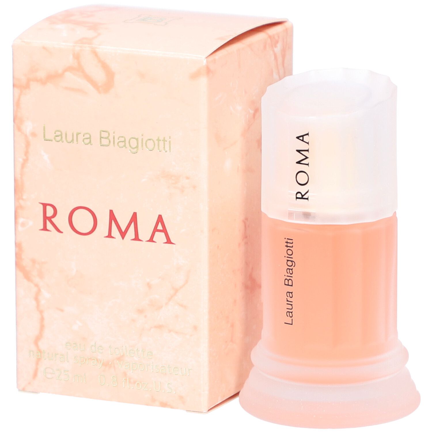 Flacone di profumo e scatola. Il flacone riporta «ROMA». La scatola riporta «Laura Biagiotti» e «ROMA».
