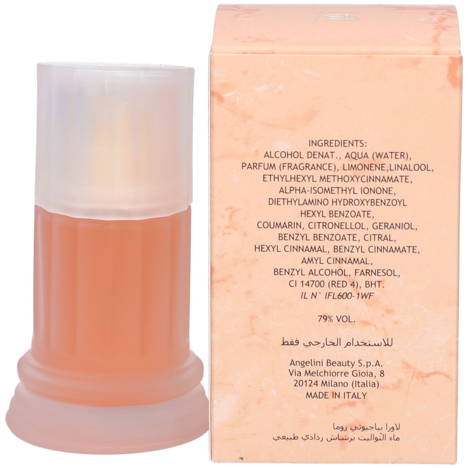 Flacone di profumo e scatola. Ingredienti e informazioni del produttore sulla scatola.