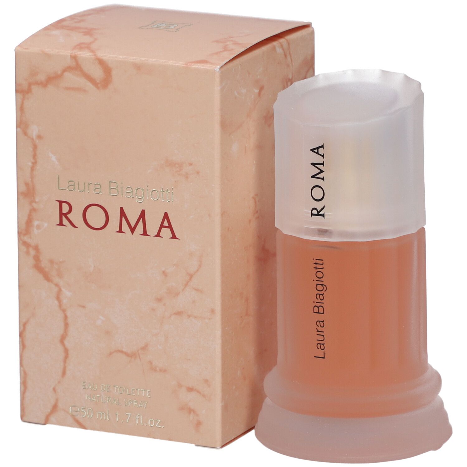 Flacone di profumo e scatola. Flacone con tappo bianco, scritta ROMA. Scatola con scritta ROMA.