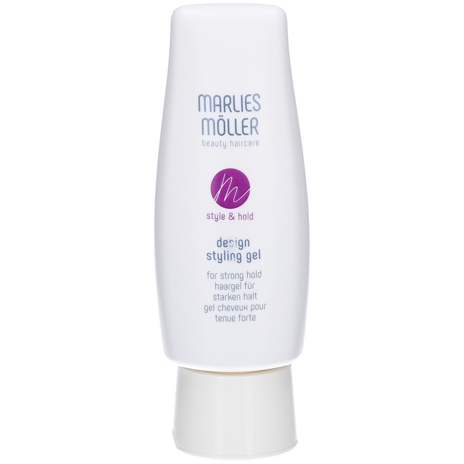 Tubo bianco di gel per lo styling Design. Marchio Marlies Möller. Logo e testo viola.