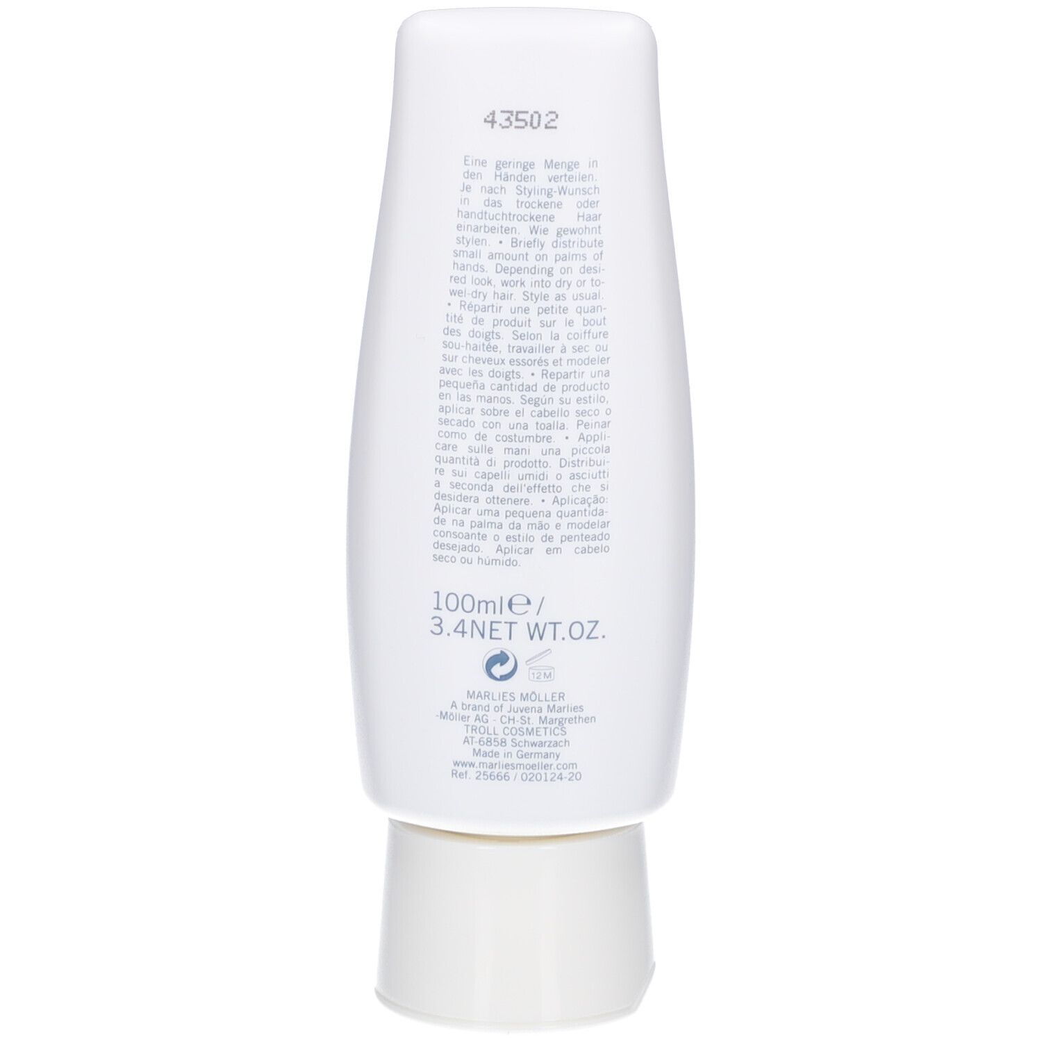 Retro di un tubo bianco di gel per lo styling Design. Marchio Marlies Möller. Testo e logo.