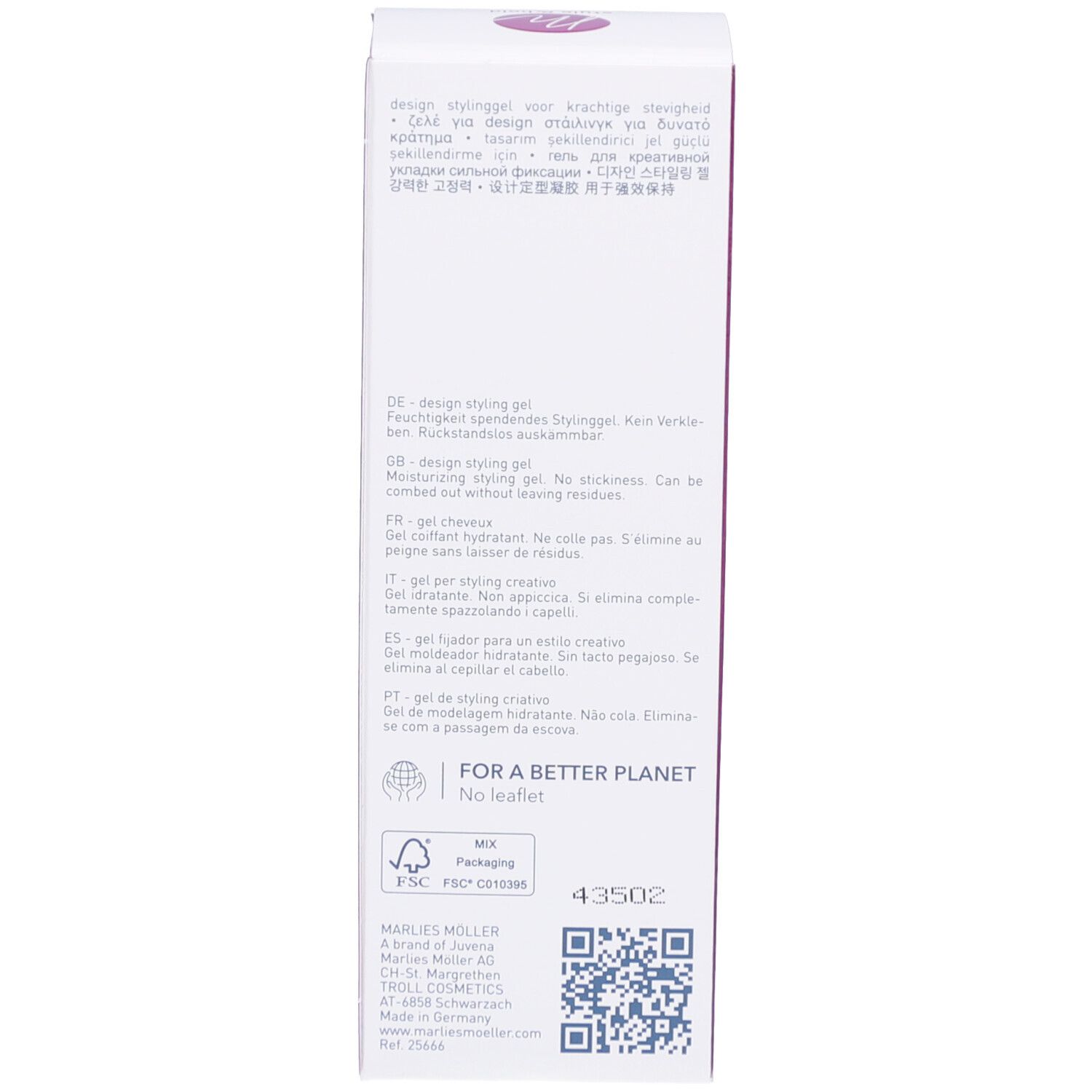 Retro della confezione di gel per lo styling Design. Marchio Marlies Möller. Testo e logo.