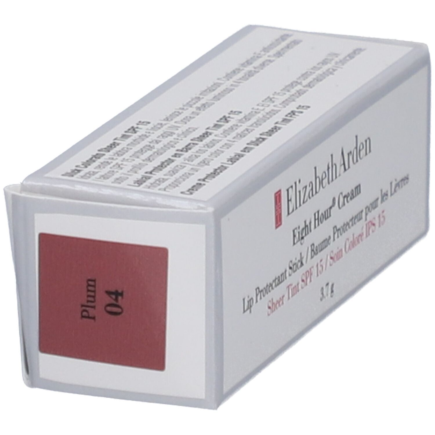 Stick protettivo labbra Elizabeth Arden. Confezione bianca con info e tonalità 'Plum 04'. 3,7 g.