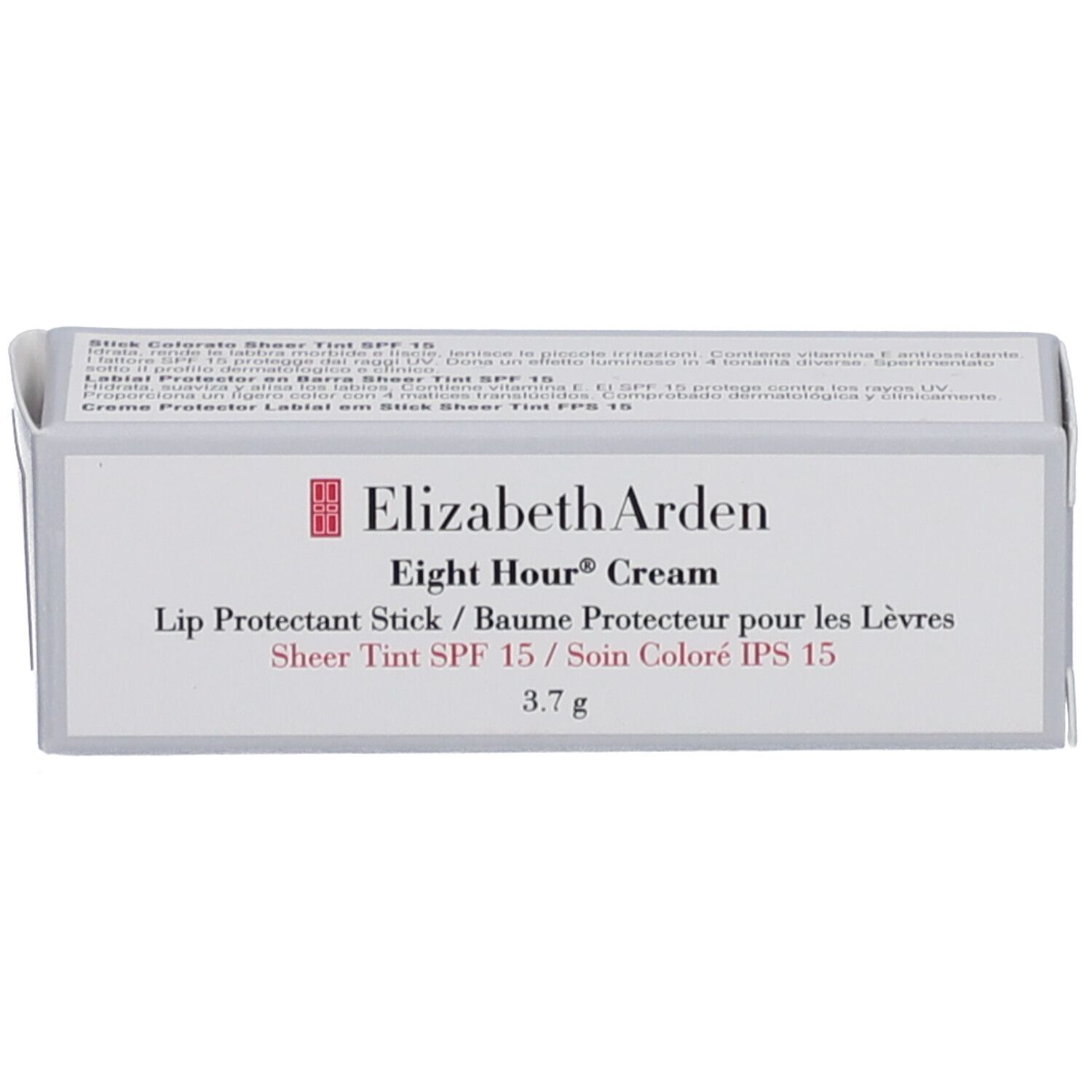 Stick protettivo labbra Elizabeth Arden. Confezione bianca con informazioni e logo. 3,7 g.