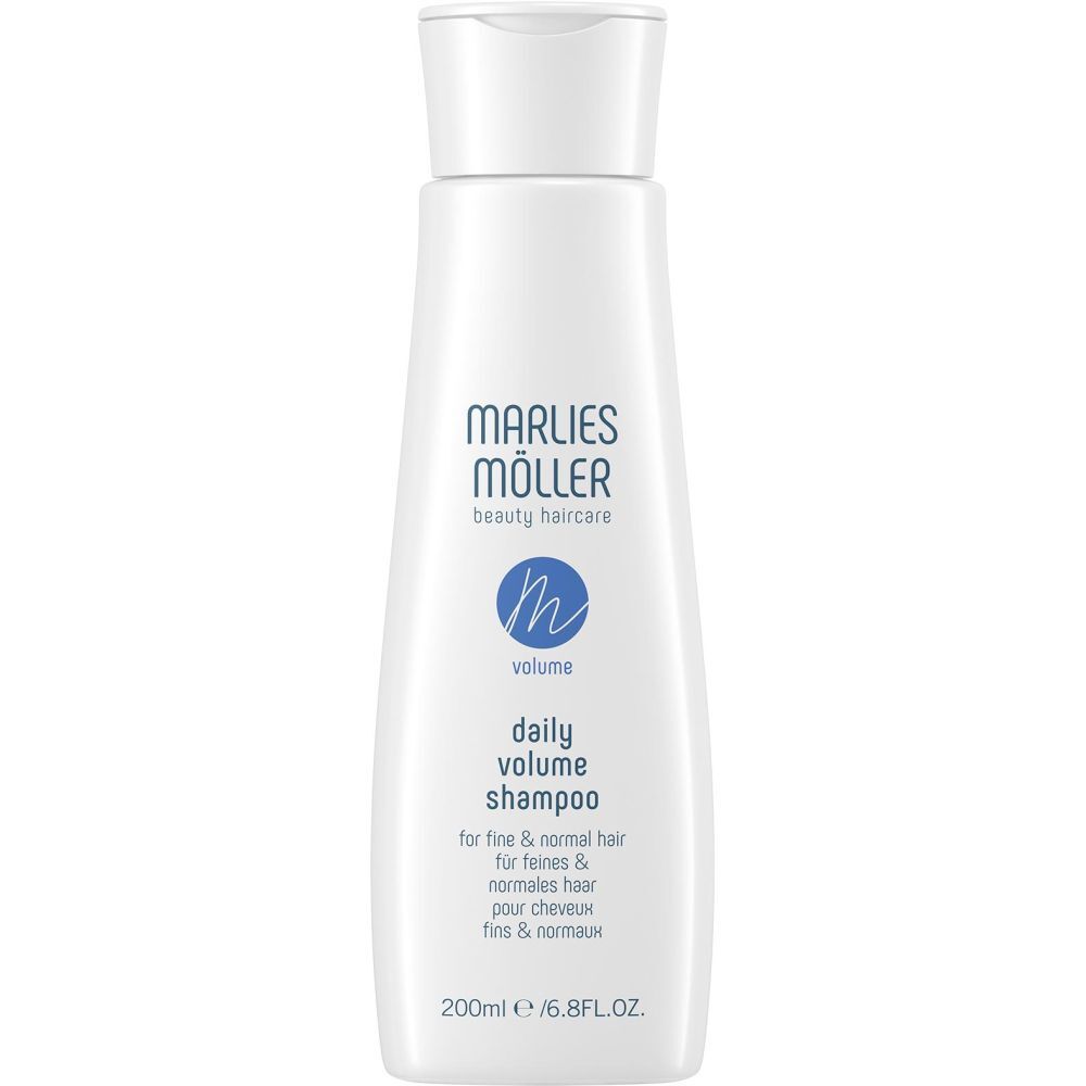 Flacone di shampoo bianco con etichetta blu. Scritta: Marlies Möller, Volume Daily Volume Shampoo. 200ml.