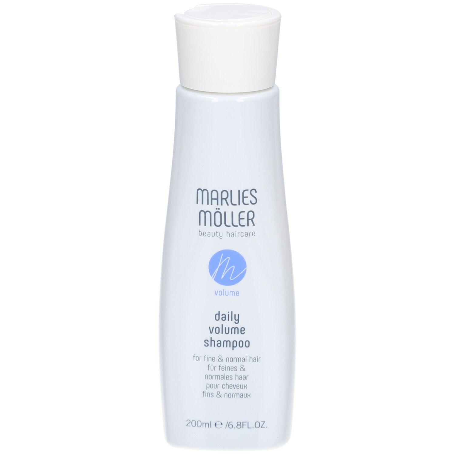 Flacone di shampoo bianco. Scritta: Marlies Möller, Volume Daily Volume Shampoo. 200ml.