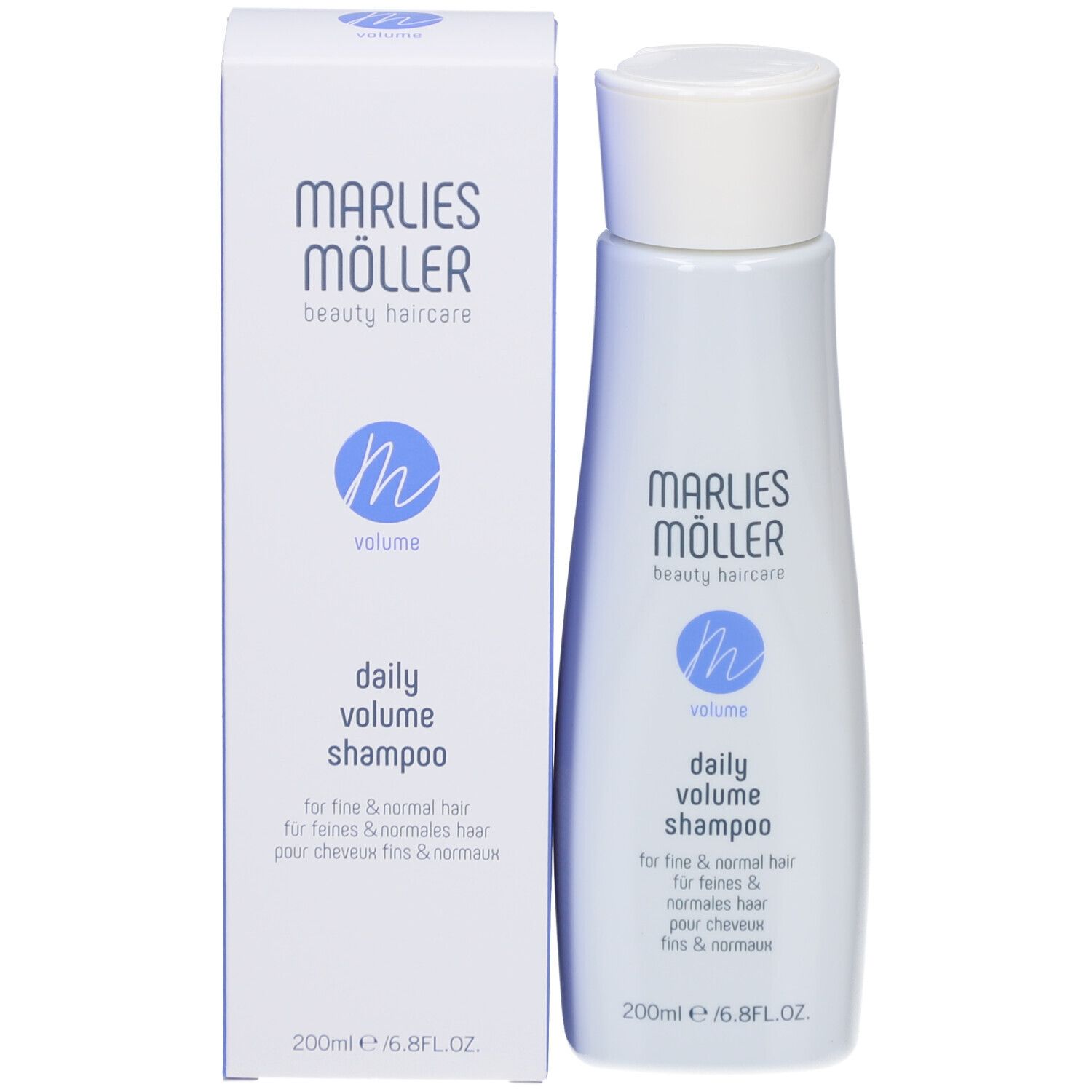 Flacone di shampoo e scatola. Scritta: Marlies Möller, Volume Daily Volume Shampoo. 200ml.