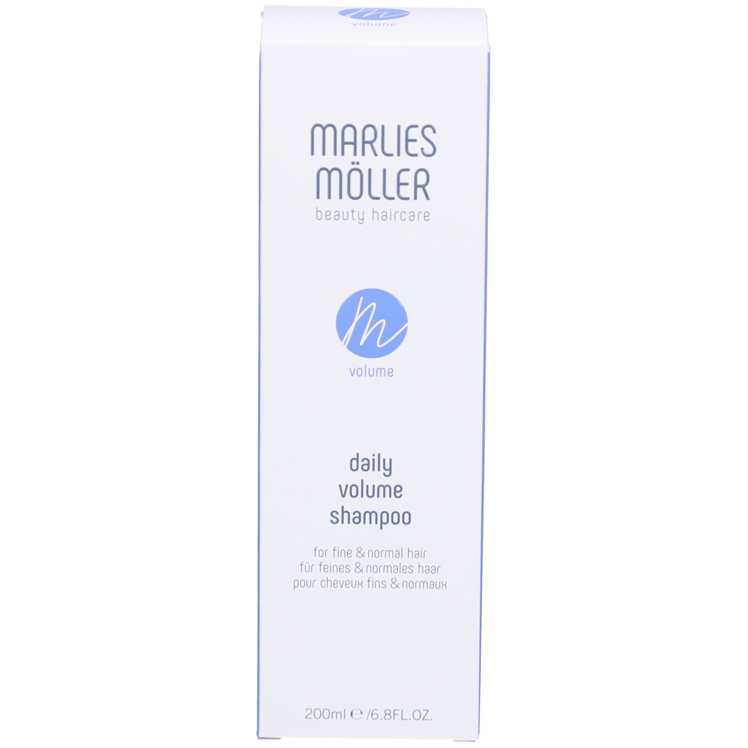 Scatola. Scritta: Marlies Möller, Volume Daily Volume Shampoo. 200ml.