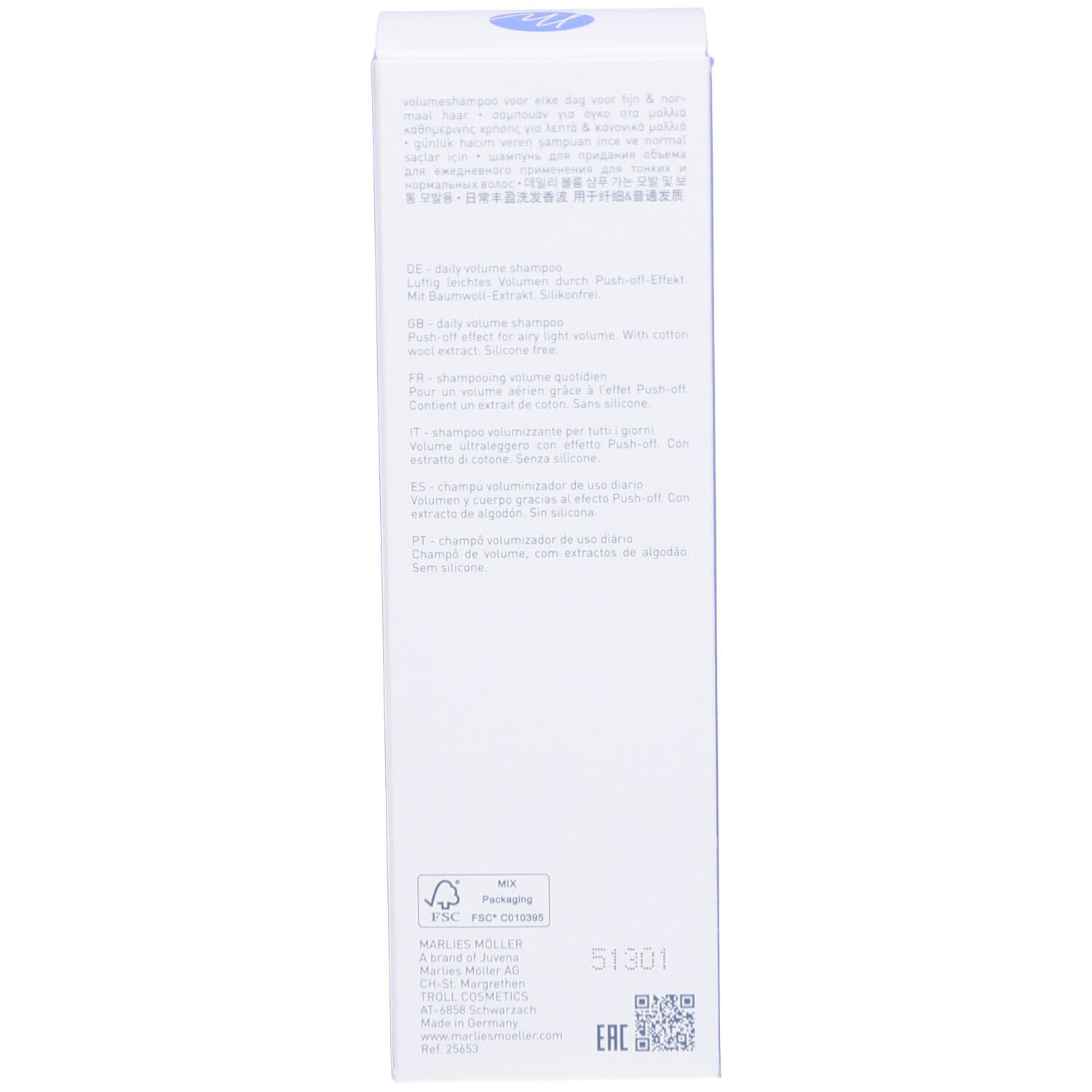 Retro della scatola. Testo multilingue. Scritta: Marlies Möller.