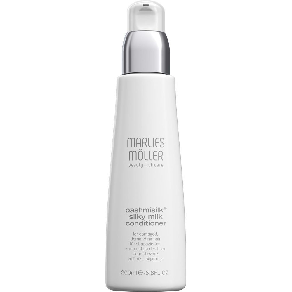 Flacone bianco con tappo argentato. Scritta: Marlies Möller, Pashmisilk Silky Milk Conditioner, 200ml.