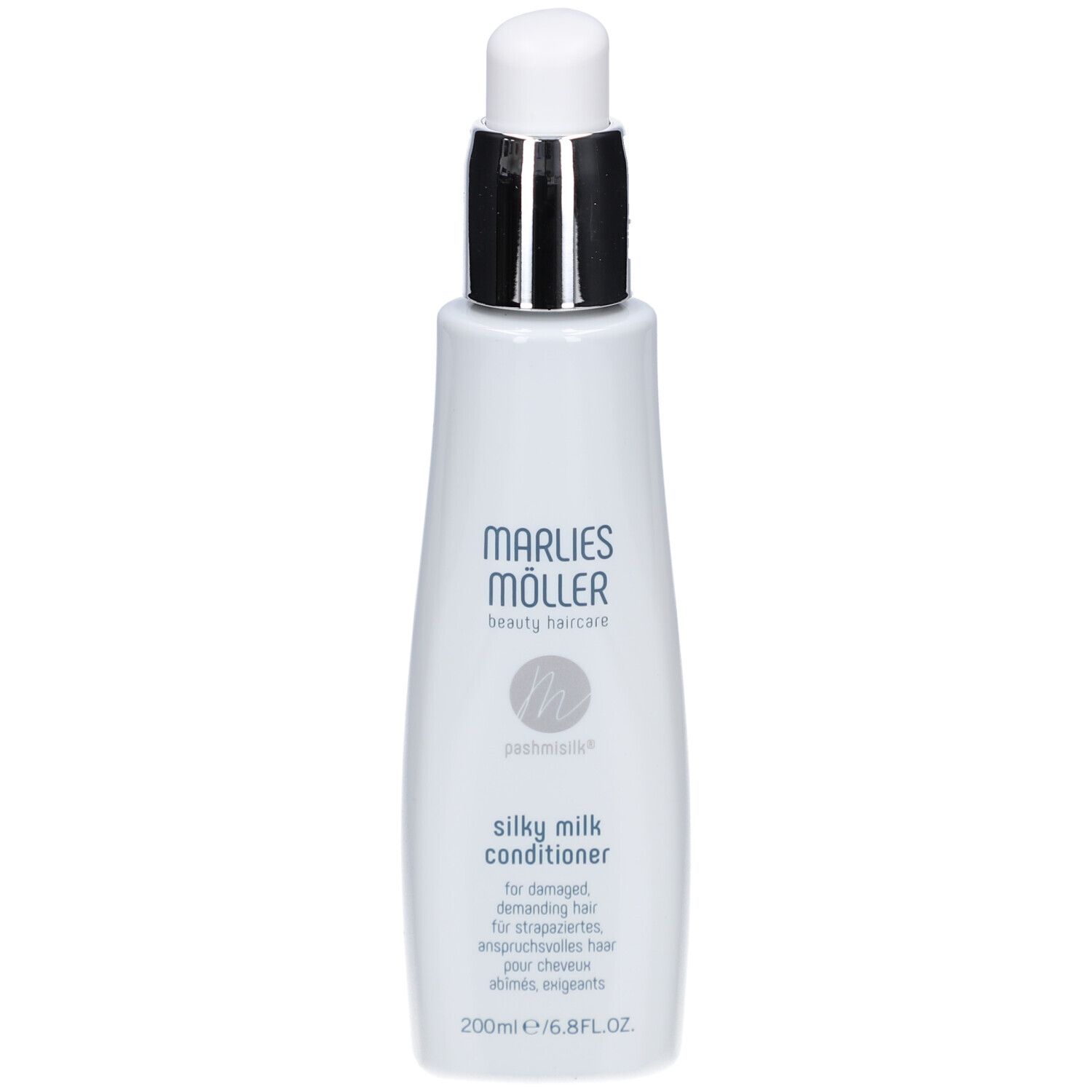 Flacone bianco con tappo argentato. Scritta: Marlies Möller, Pashmisilk Silky Milk Conditioner, 200ml.