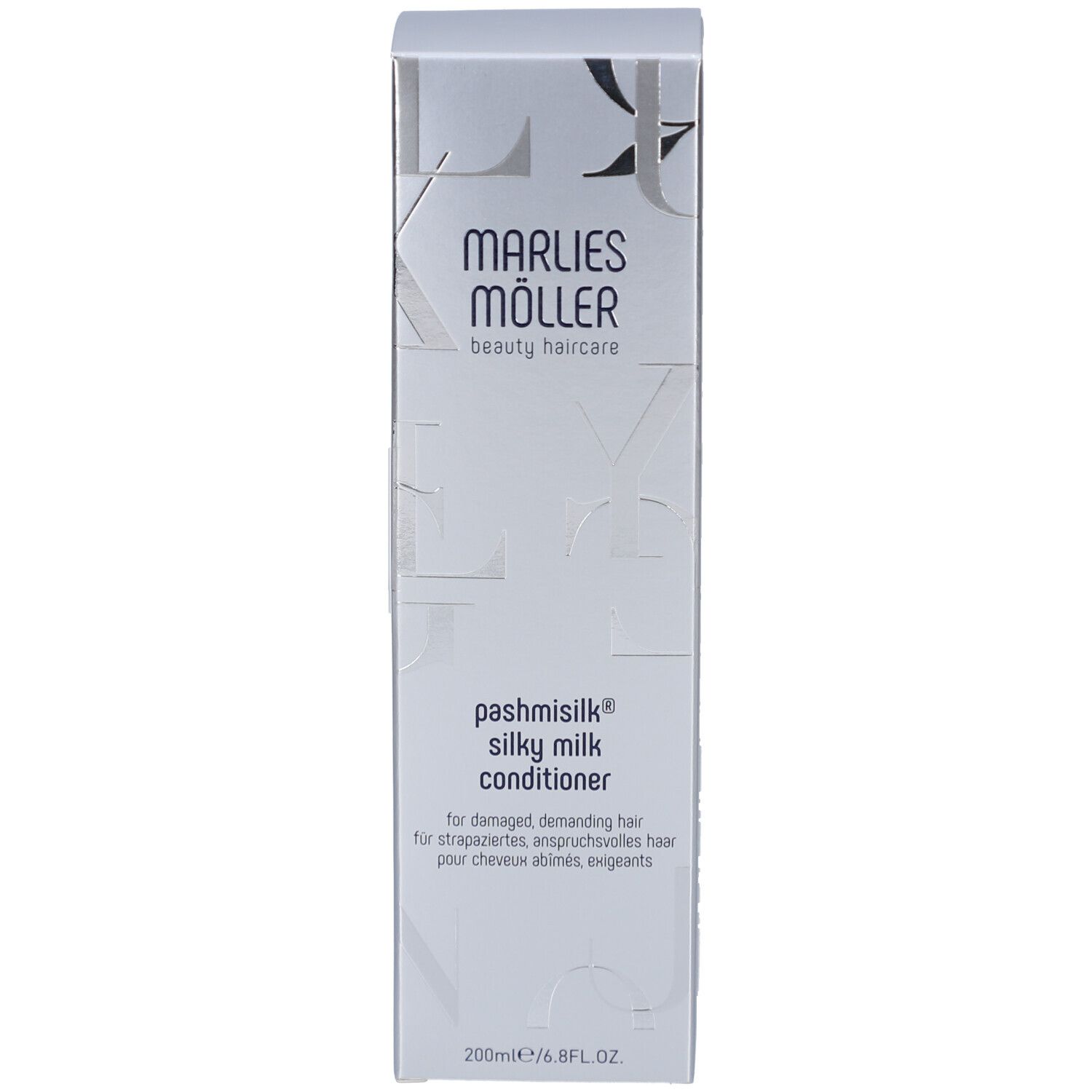 Confezione. Bianca, scritta argentata. Scritta: Marlies Möller, Pashmisilk Silky Milk Conditioner, 200ml.
