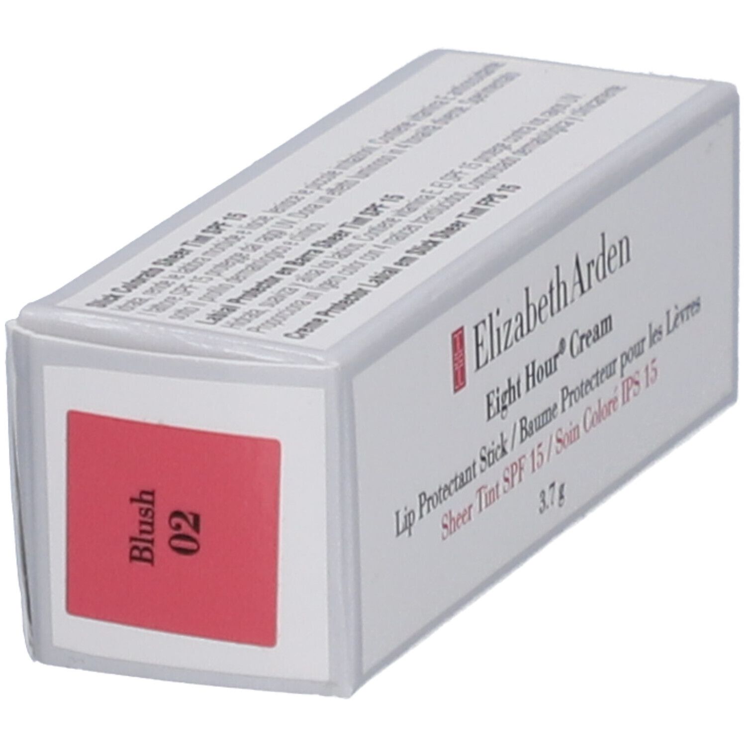 Stick protettivo labbra Elizabeth Arden in confezione. Testo: Eight Hour Cream, Lip Protectant Stick, SPF 15, Blush 02.